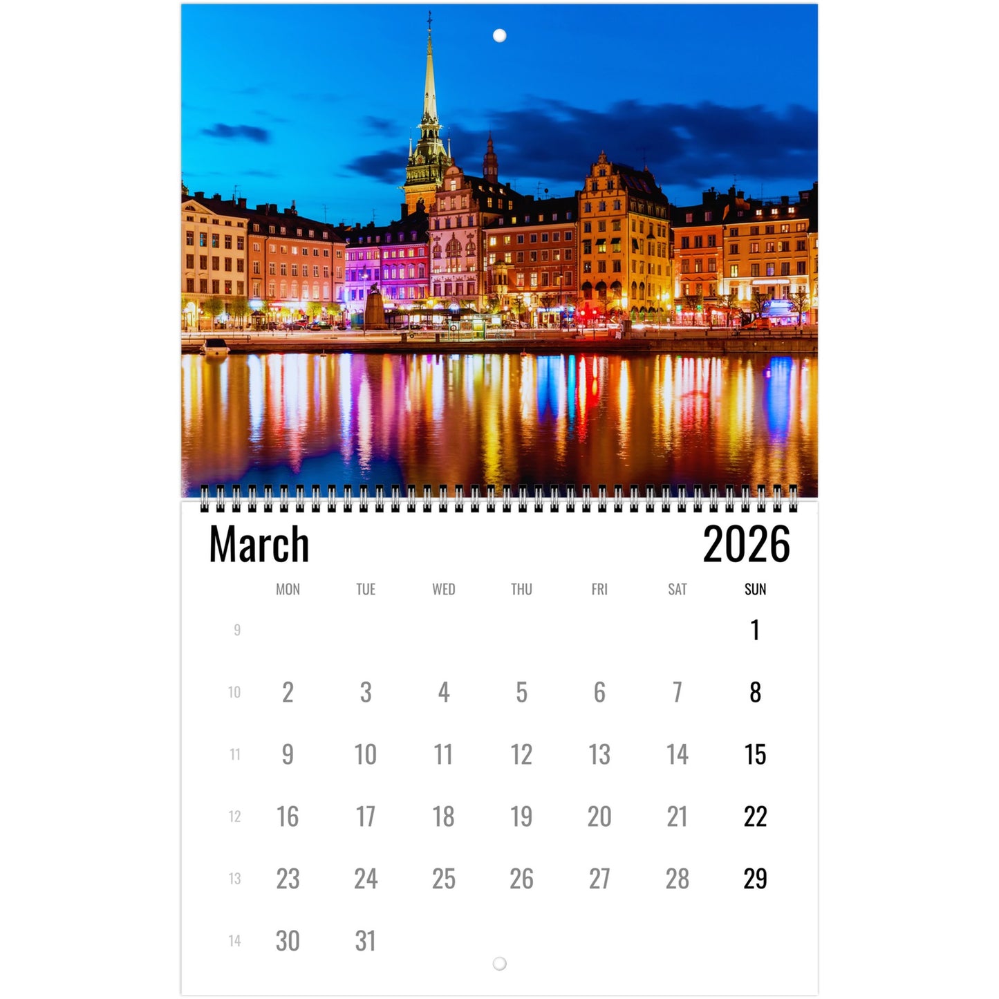 Calendar for March 2026 with a cityscape at night on the cover