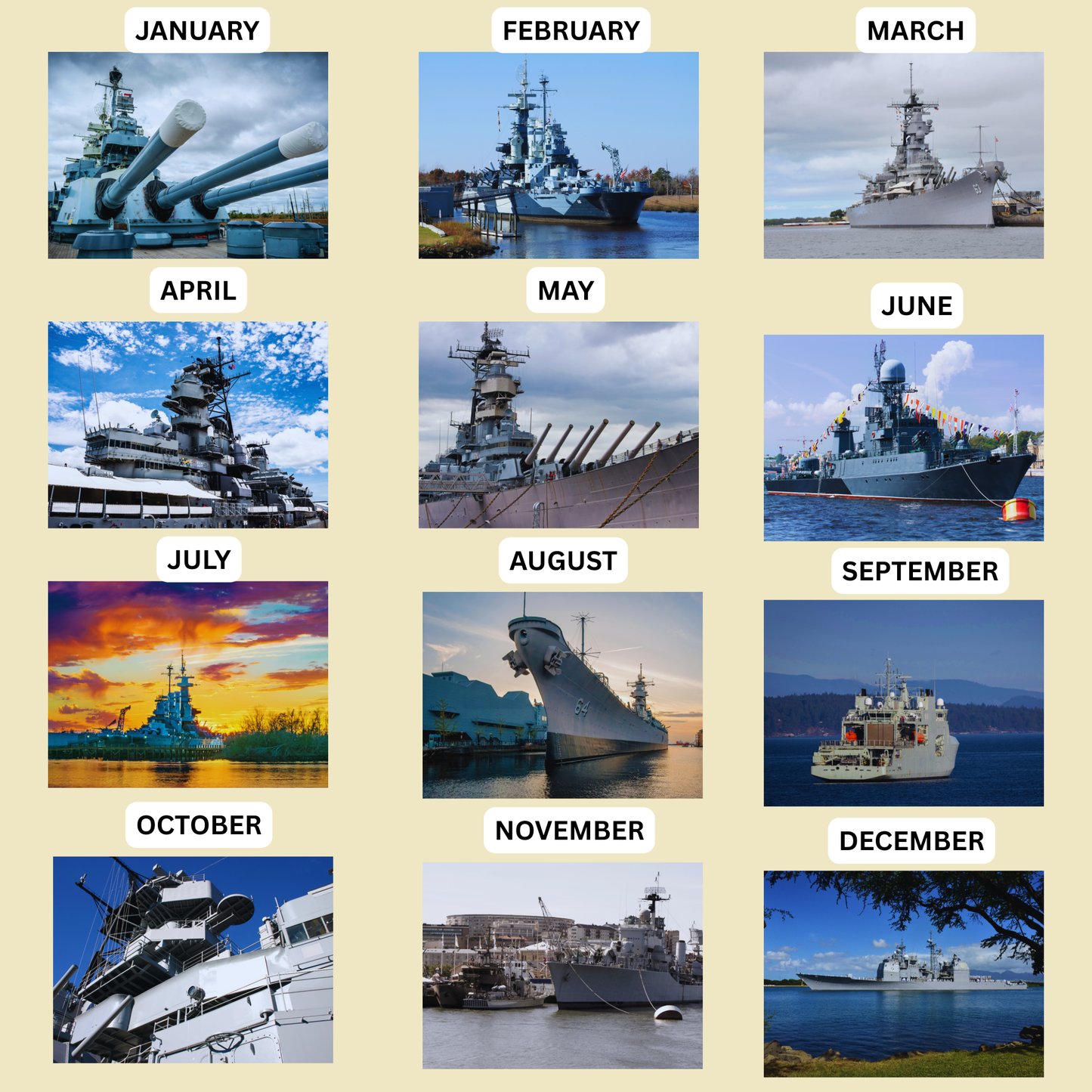 Monthly calendar with images of a battleship for each month on a beige background.
