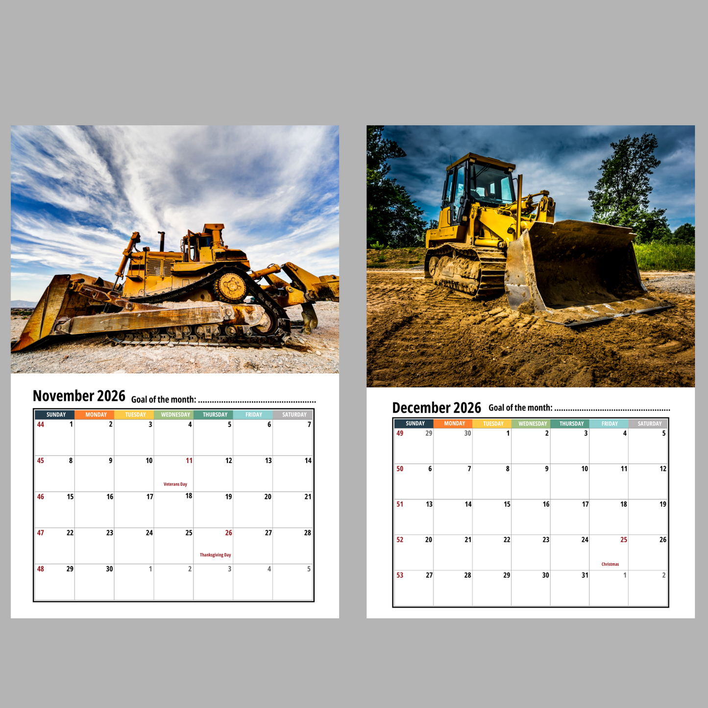 Bulldozer Wall Calendar 2026