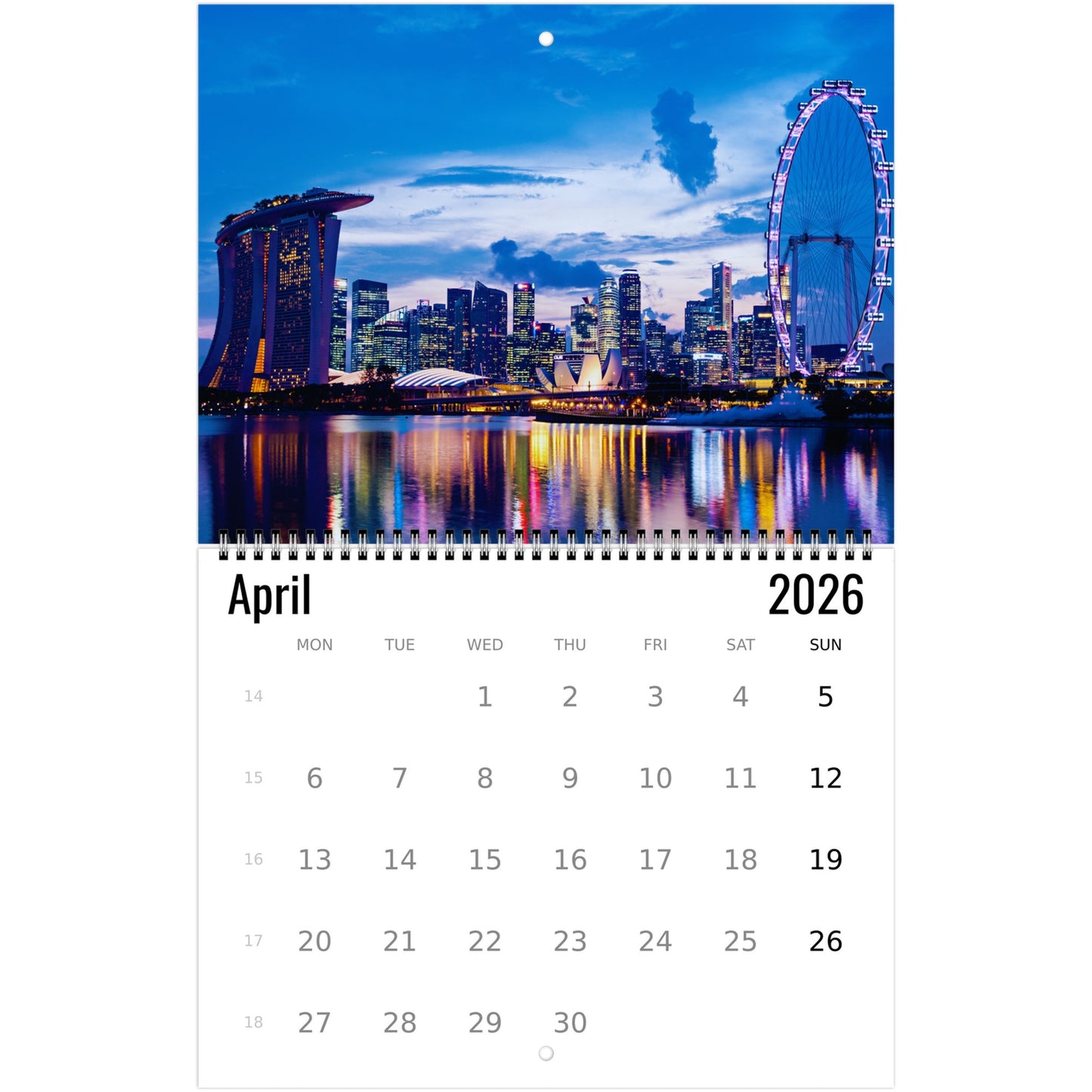 Calendar for April 2026 with a cityscape featuring a Ferris wheel and skyline.