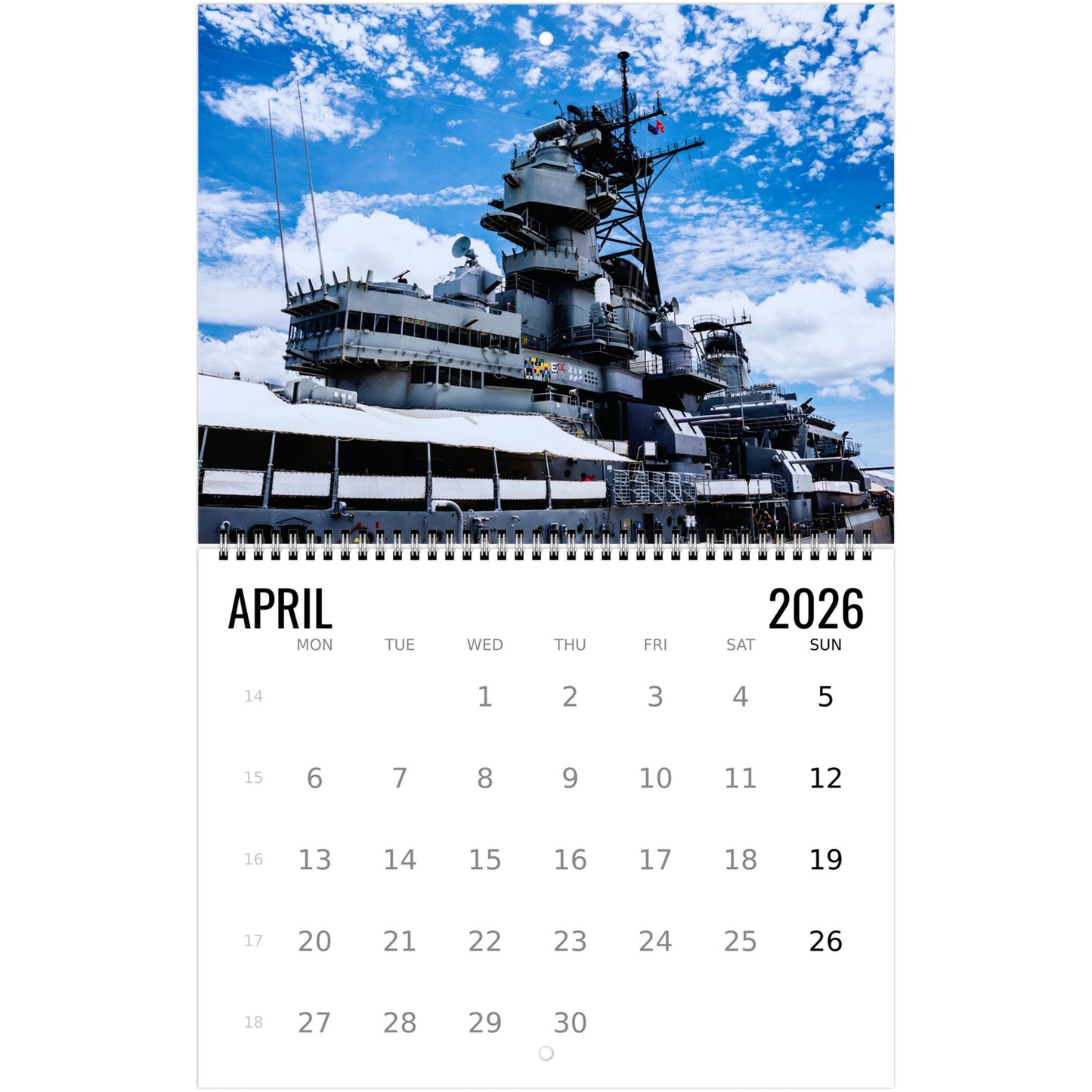 Calendar for April 2026 with a large ship on the cover