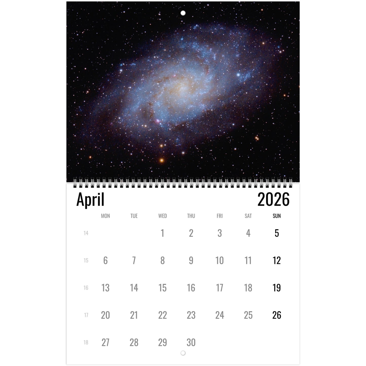 Calendar for April 2026 with a spiral galaxy image on the cover