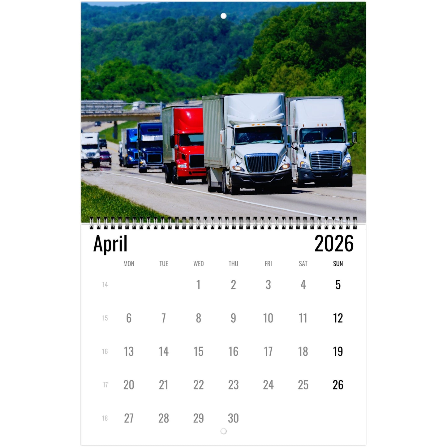 Calendar for April 2026 with a truck on a road and greenery in the background