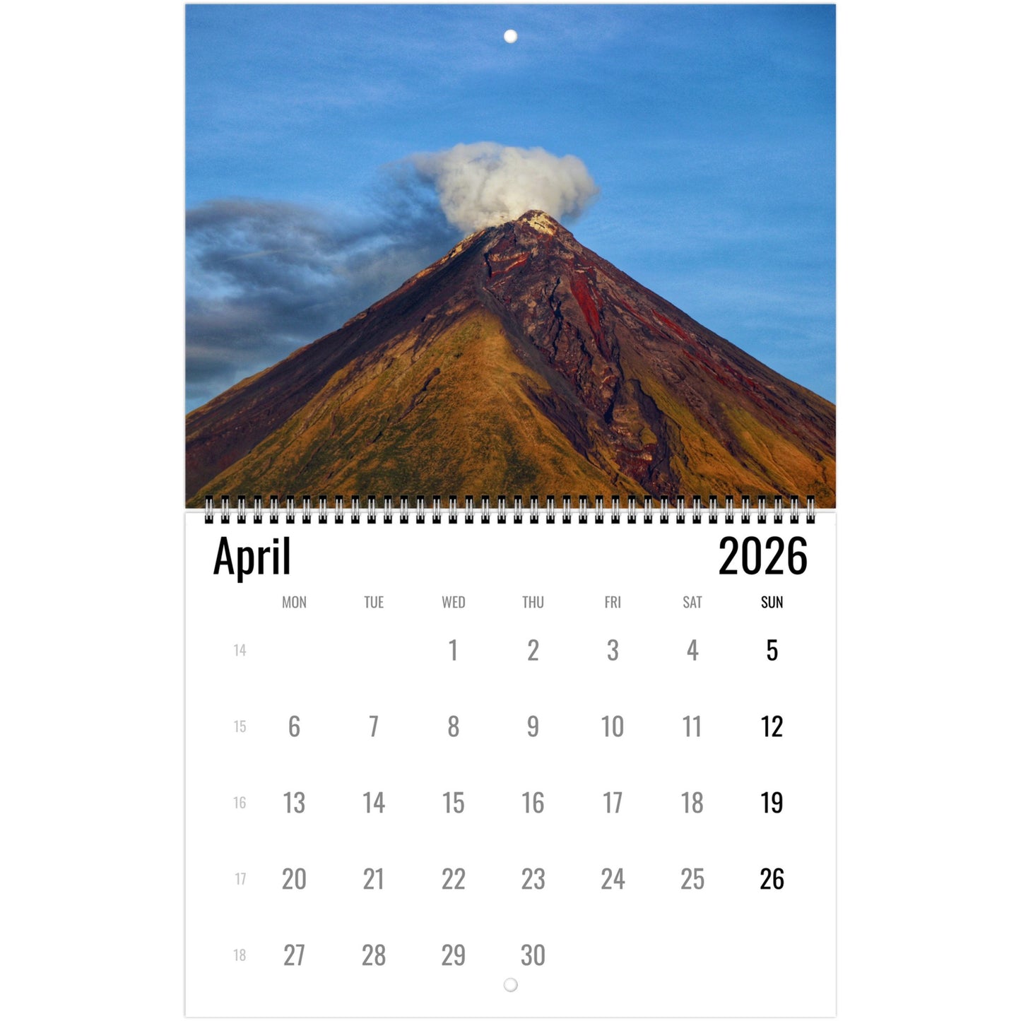 Calendar for April 2026 with a volcano image on a white background