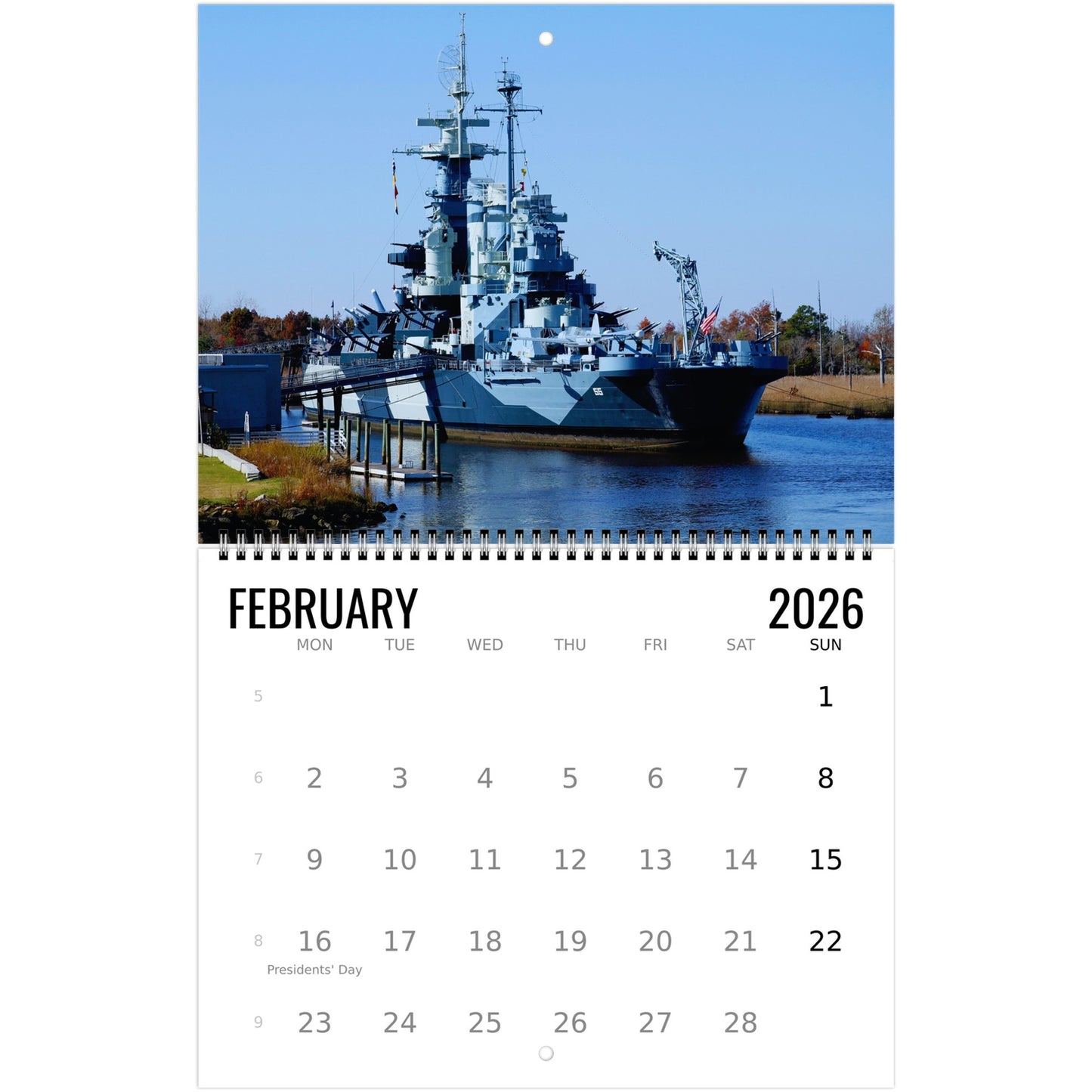 Calendar for February 2026 featuring a large ship on a blue background