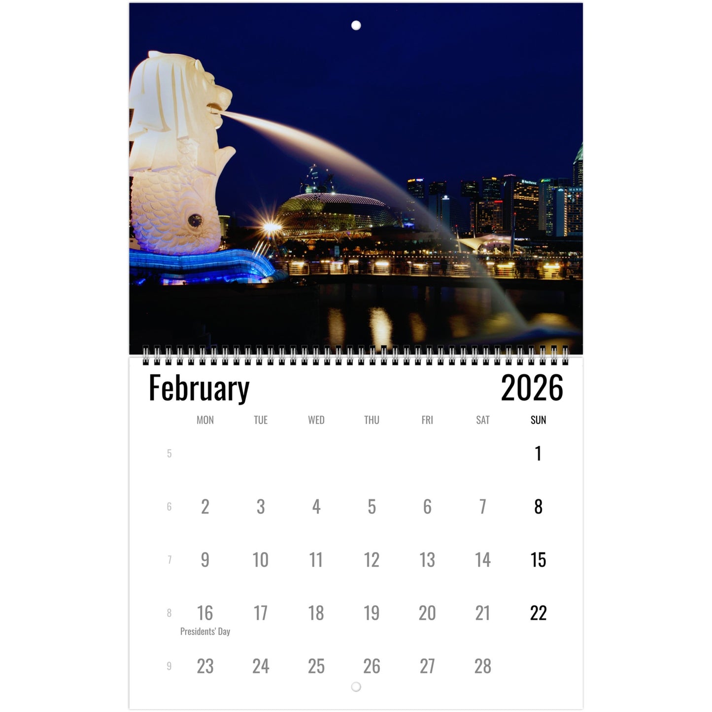 Calendar for February 2026 with a Singapore landmark on the cover