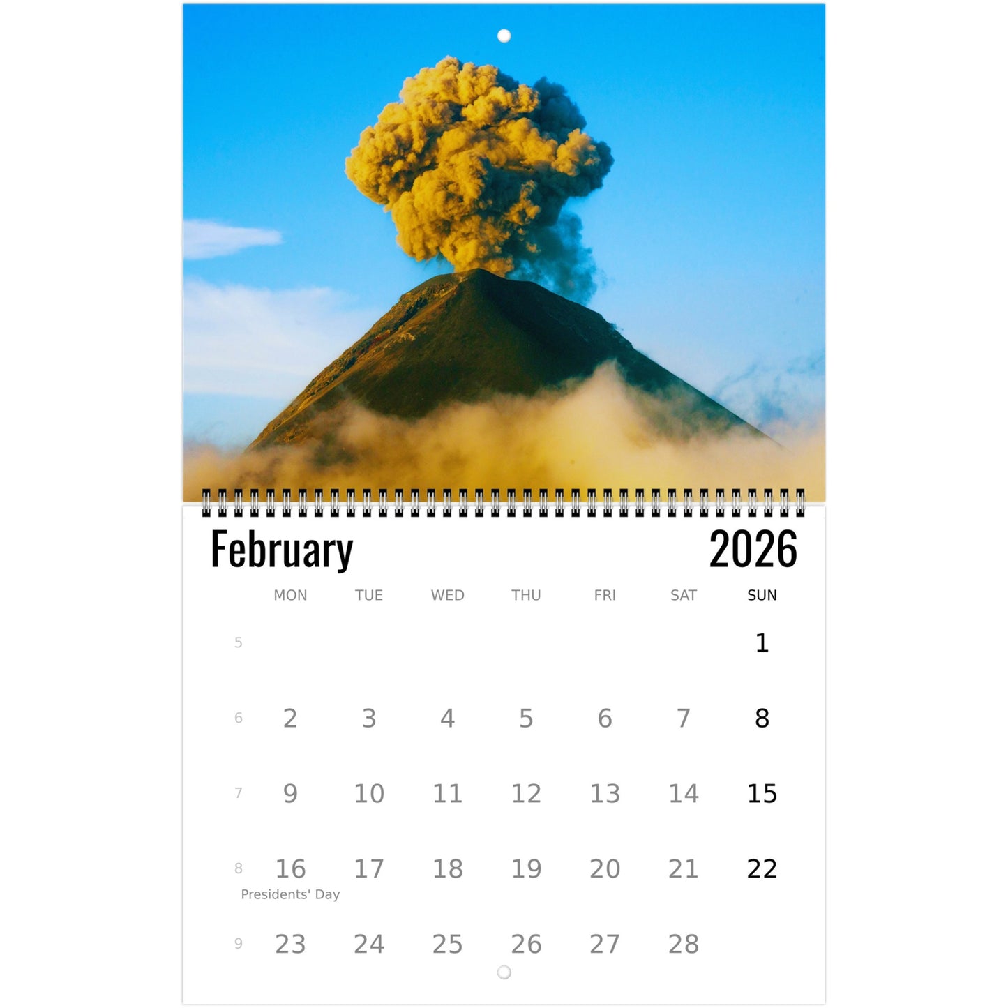 Calendar for February 2026 with a volcano eruption image on the cover