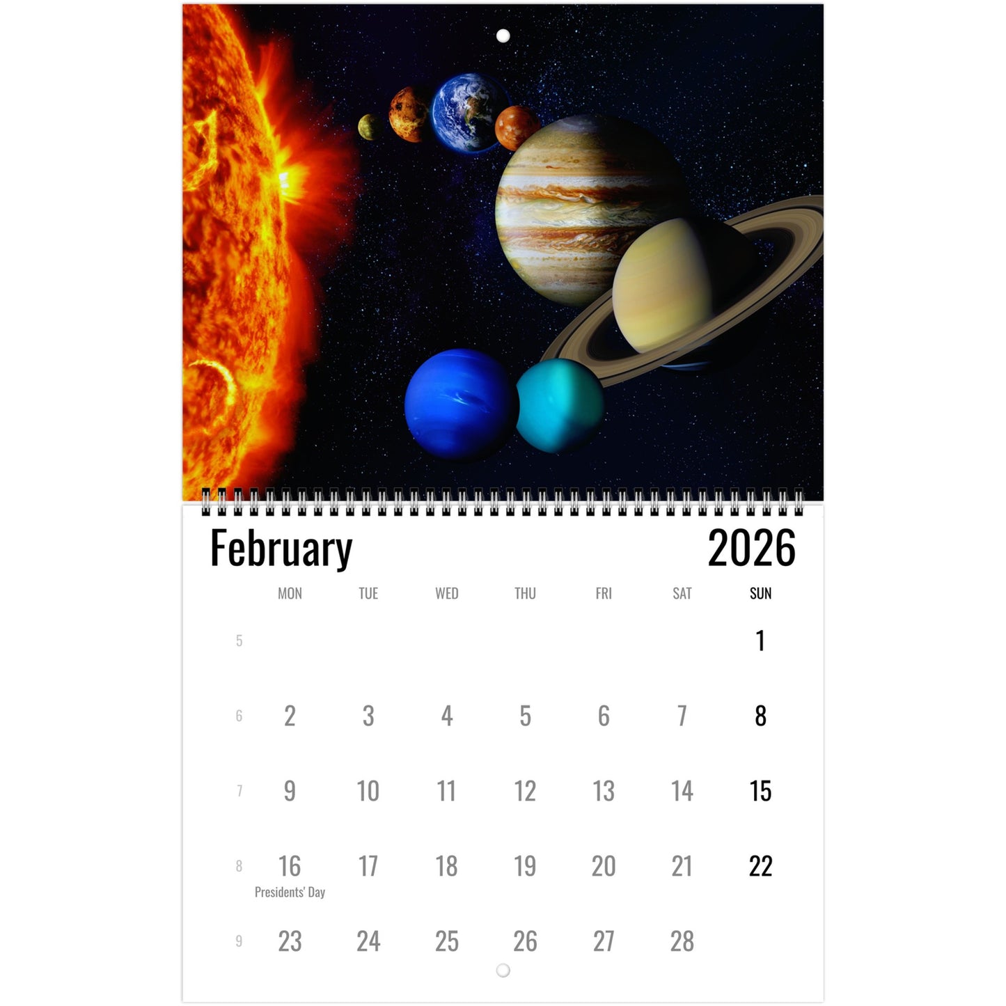Calendar for February 2026 with solar system illustration on a white background