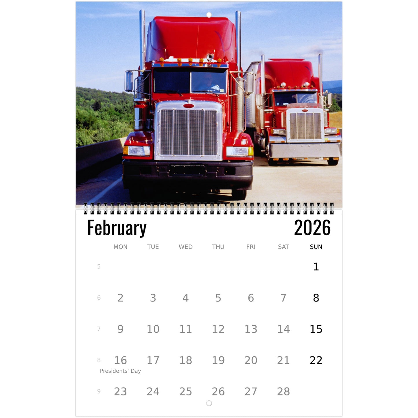 Calendar for February 2026 with two red trucks on a white background