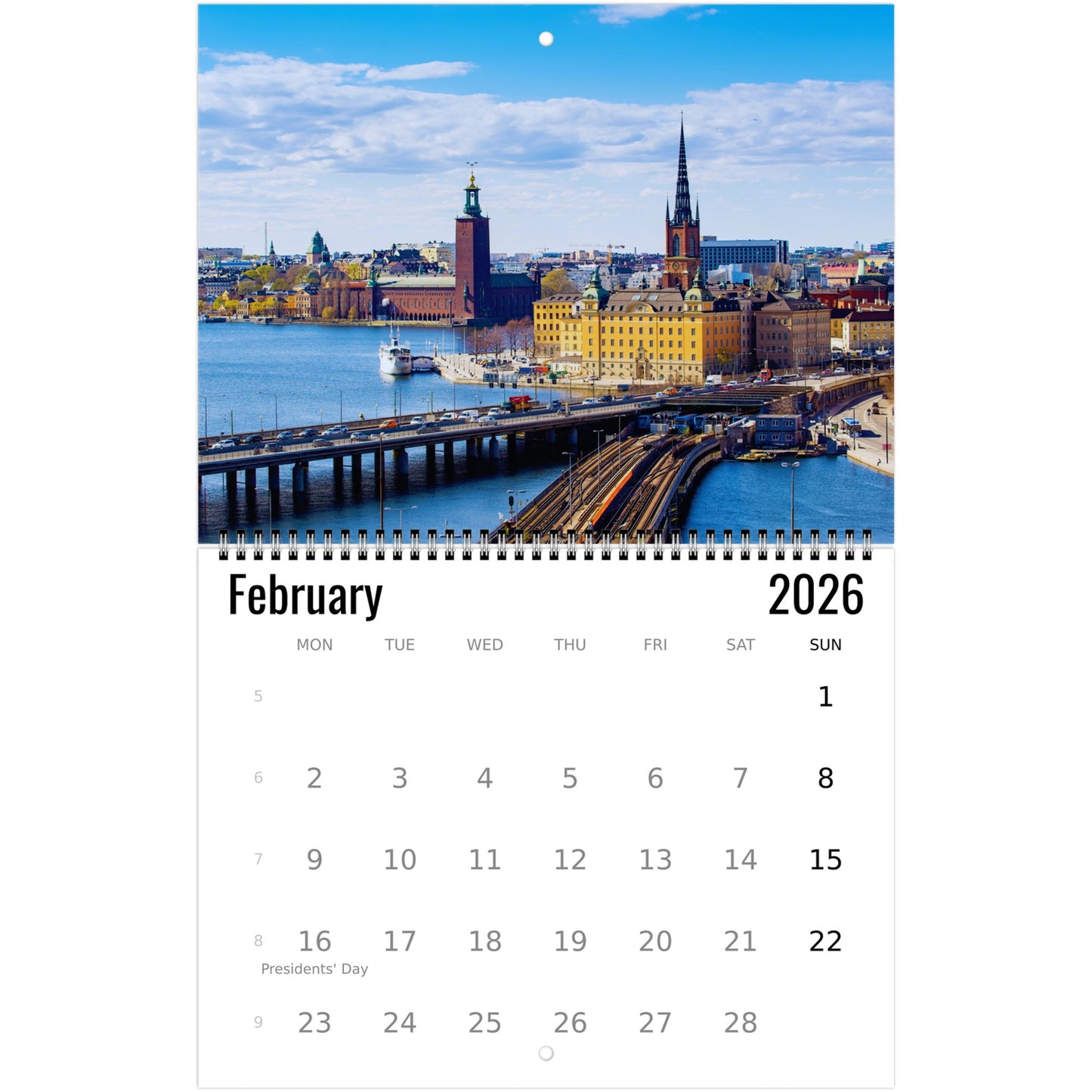 Calendar for February sweden 2026 with a cityscape on the cover