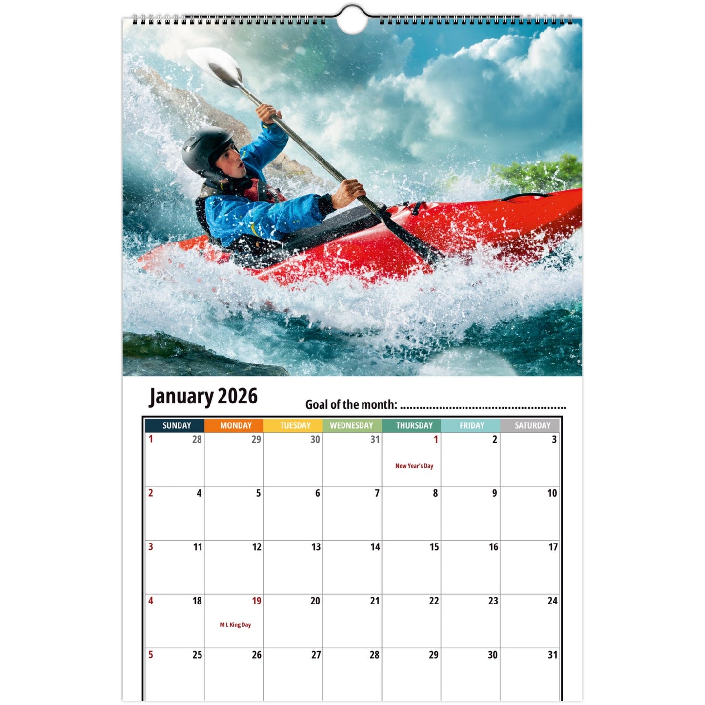 Calendar for January 2026 featuring a kayaker in action.