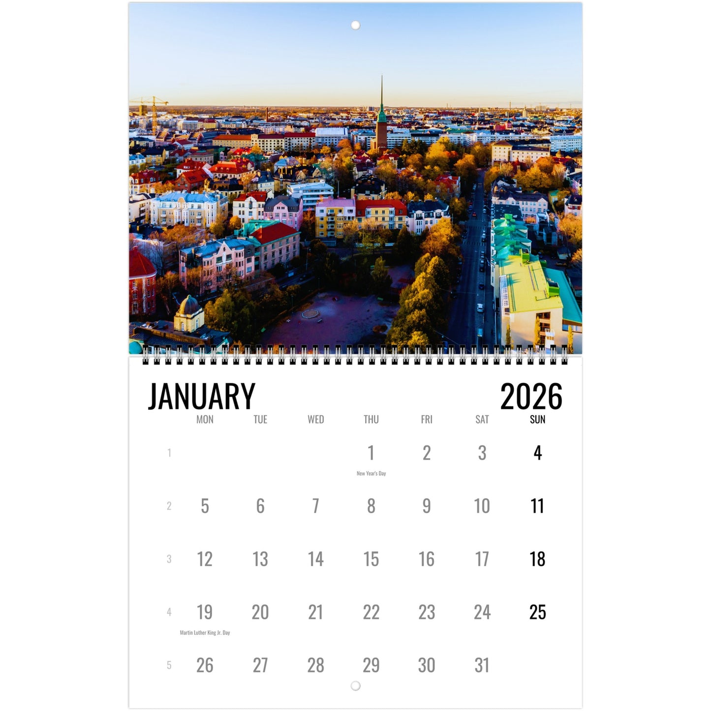 Calendar for January 2026 with a cityscape background