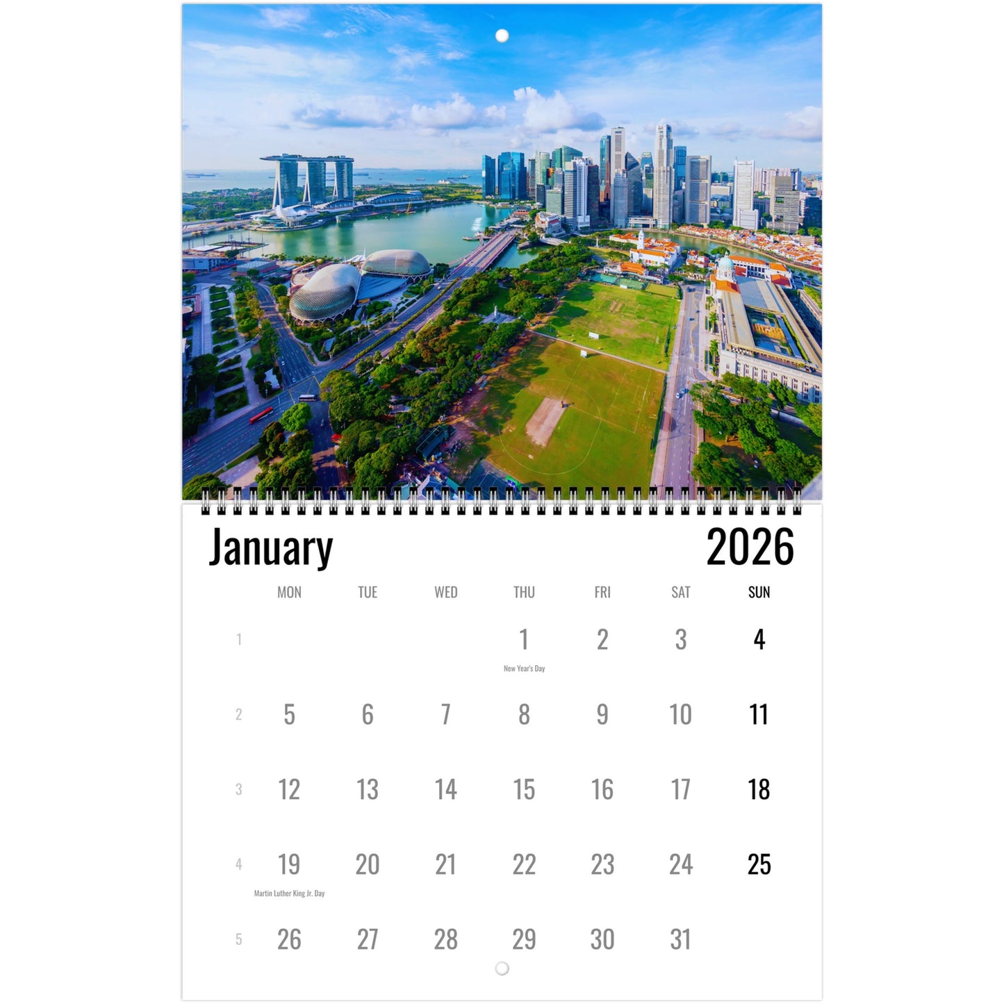 Calendar for January 2026 with a cityscape background