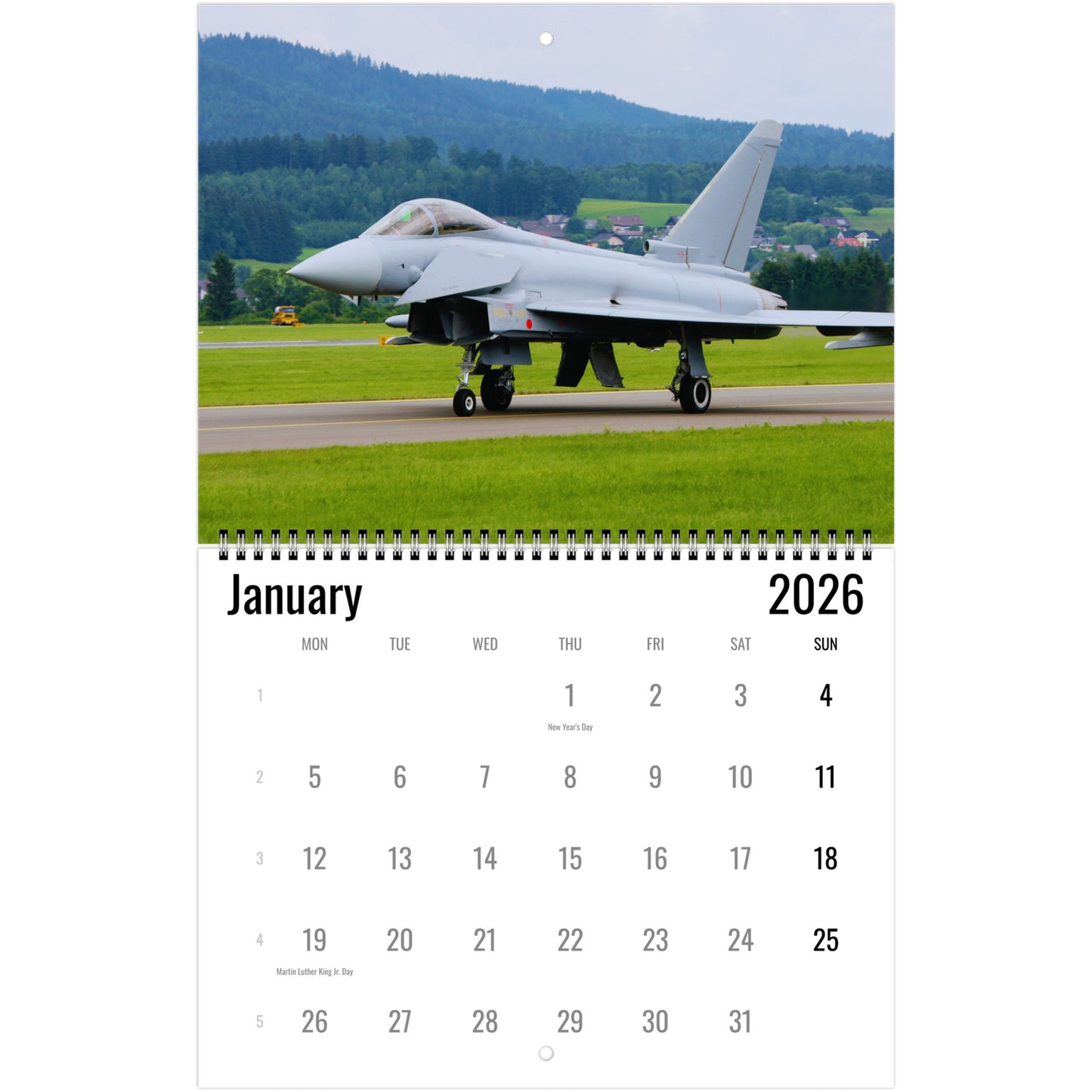 Calendar for January 2026 with a fighter jet on a runway