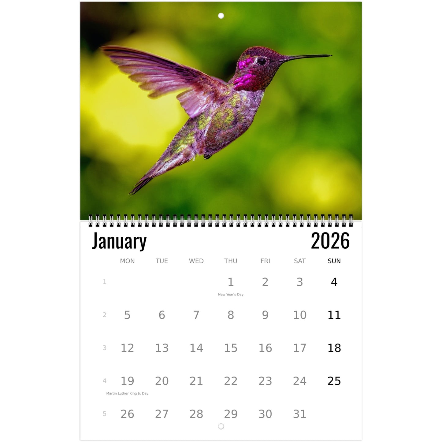 Calendar for January 2026 with a hummingbird on the cover