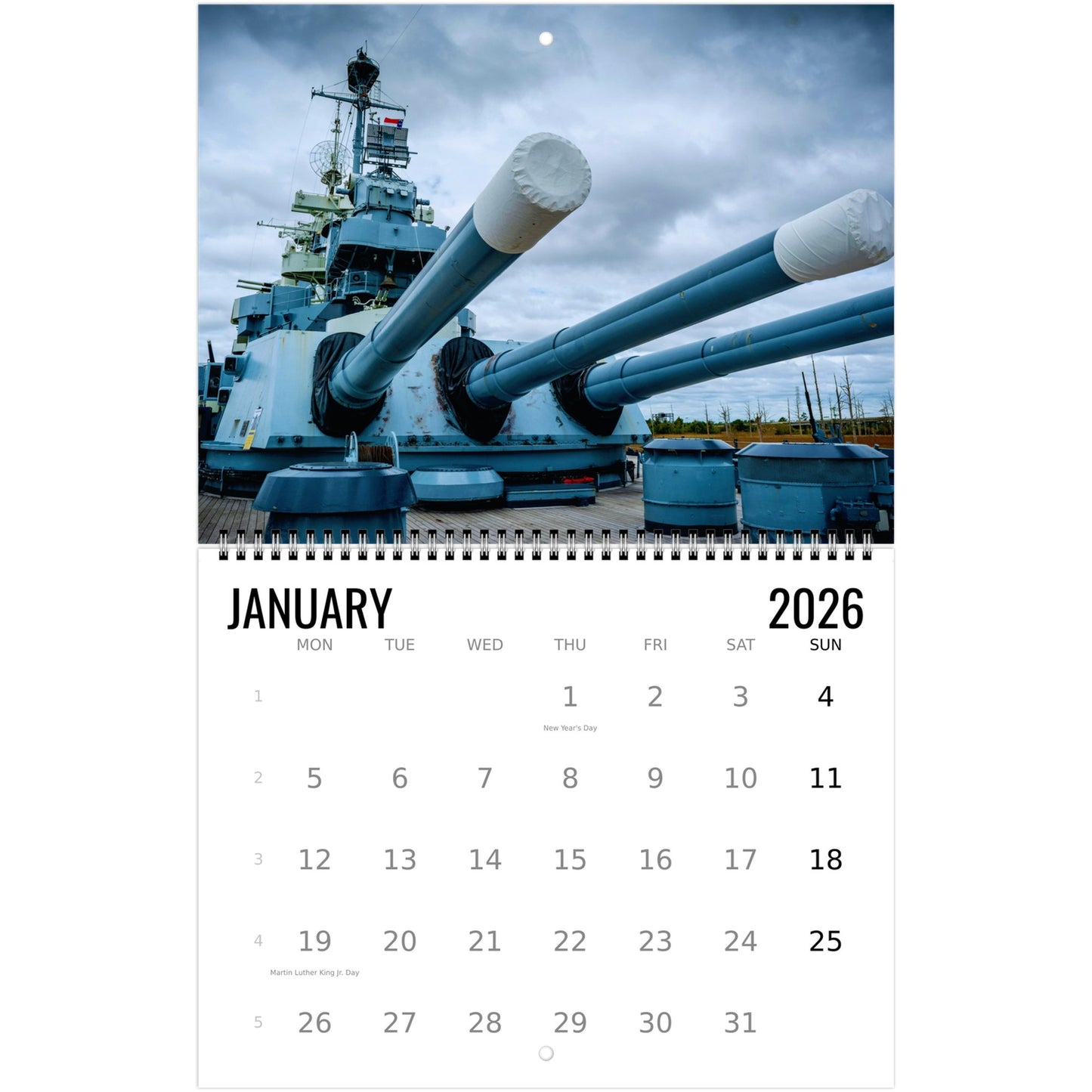 Calendar for January 2026 with a large naval ship on the cover