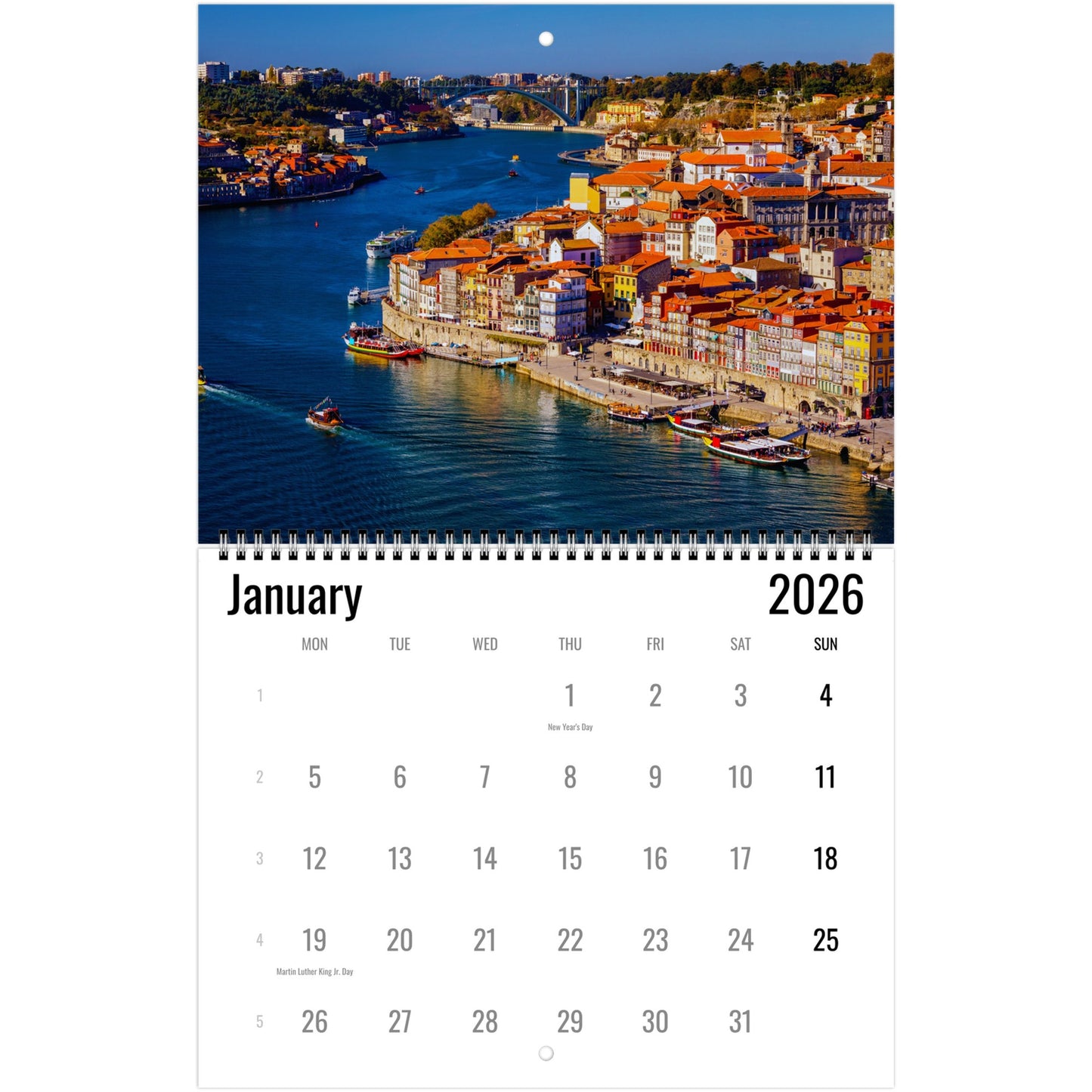 Calendar for January 2026 with a scenic cityscape on a lake cover