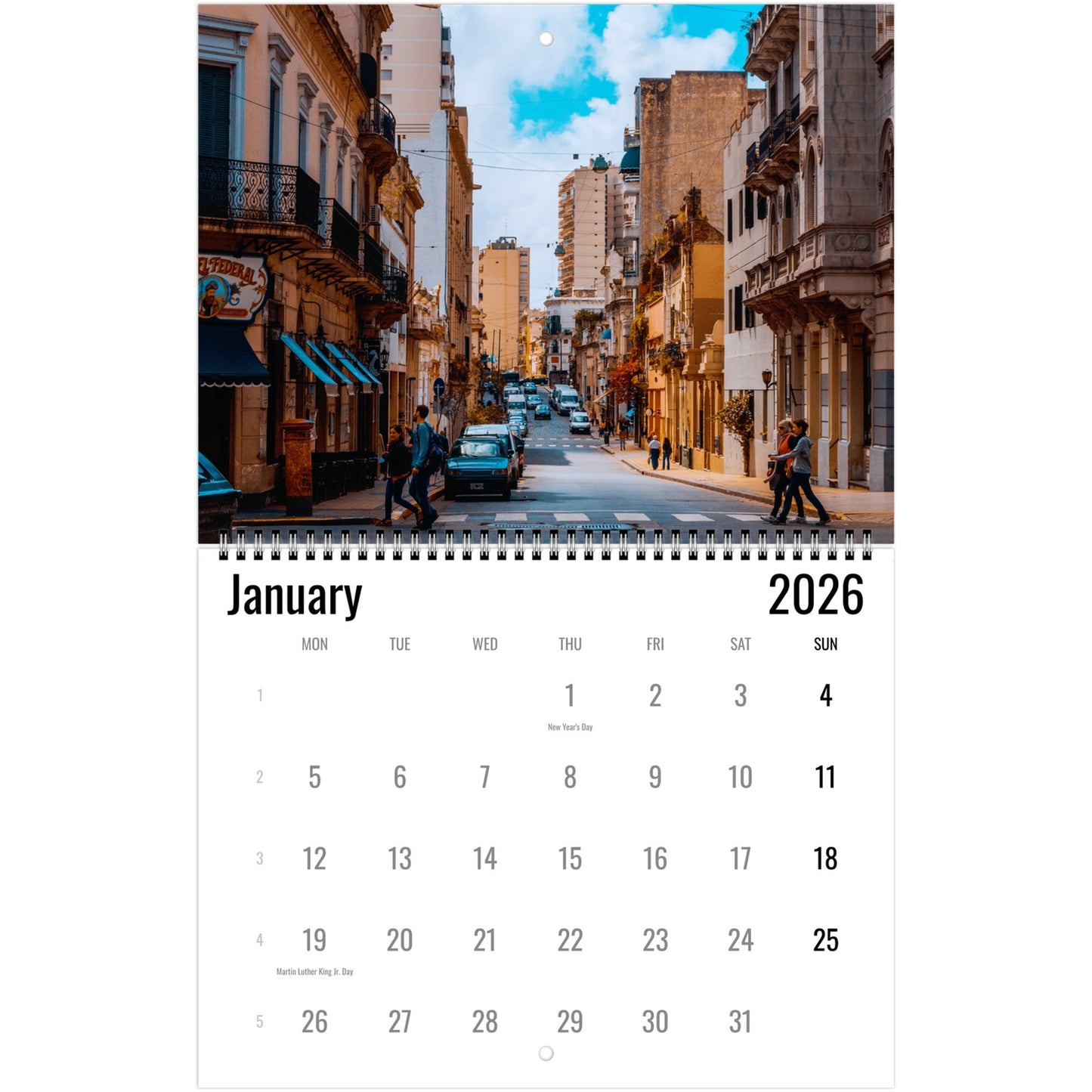 Calendar for January 2026 with a street scene in a city in Argentina on the cover