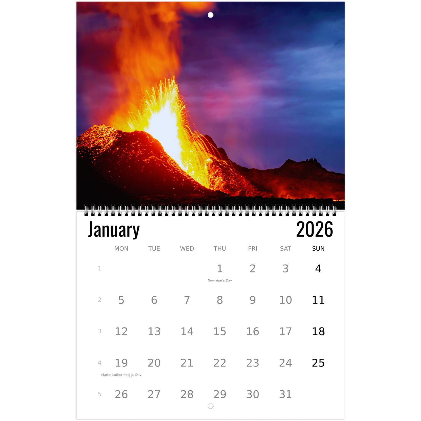 Calendar for January 2026 with a volcano eruption image on the cover