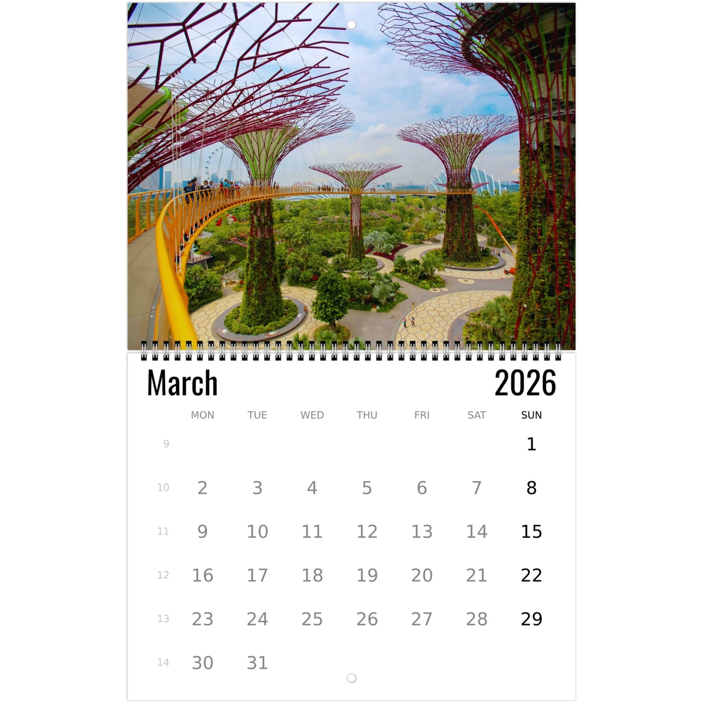 Calendar for March 2026 with a scenic view of Supertrees in Singapore.