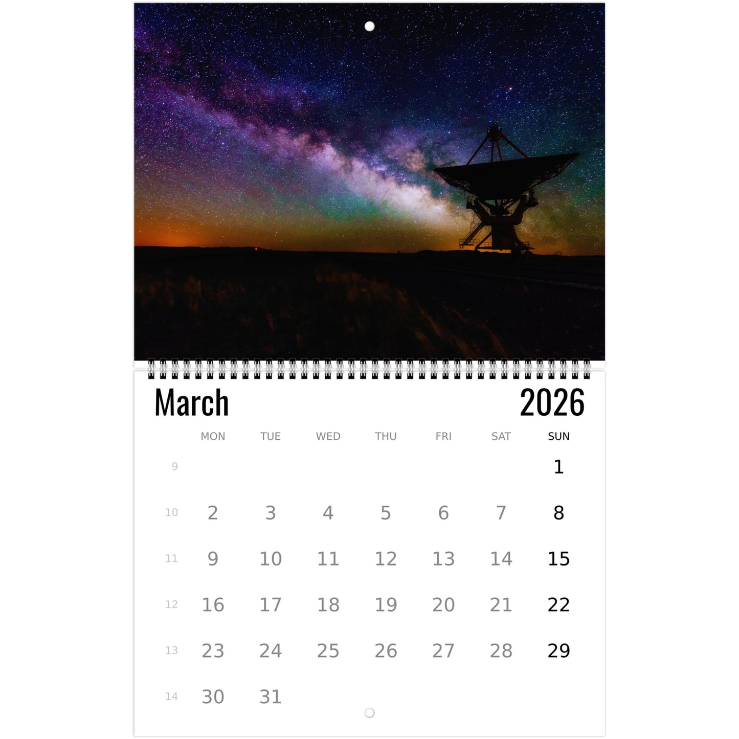 Calendar for March 2026 with a telescope and night sky design