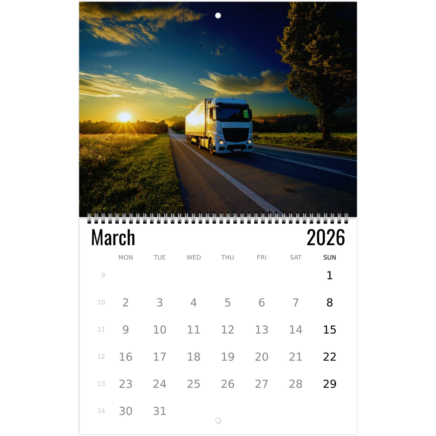 Calendar for March 2026 with a truck on a road at sunset.