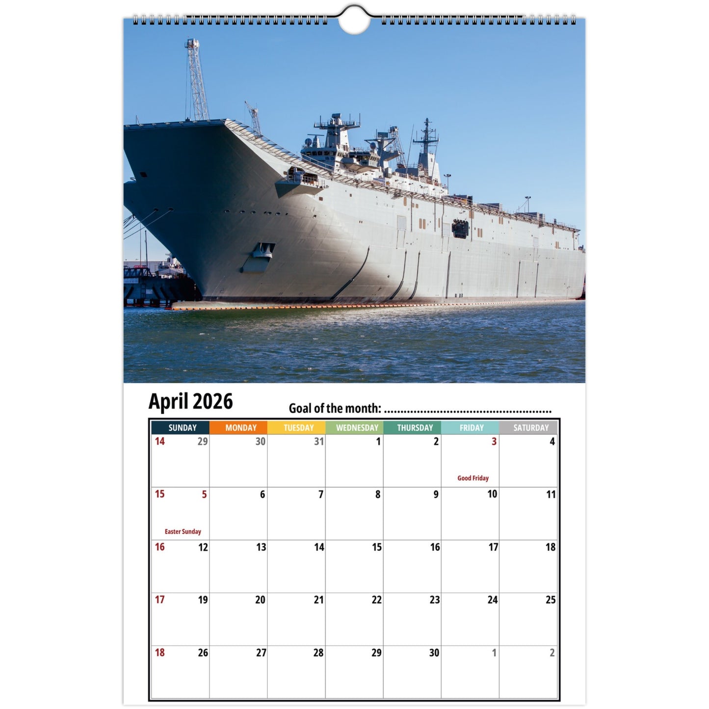 Calendar page for April 2026 featuring a large ship on a white background