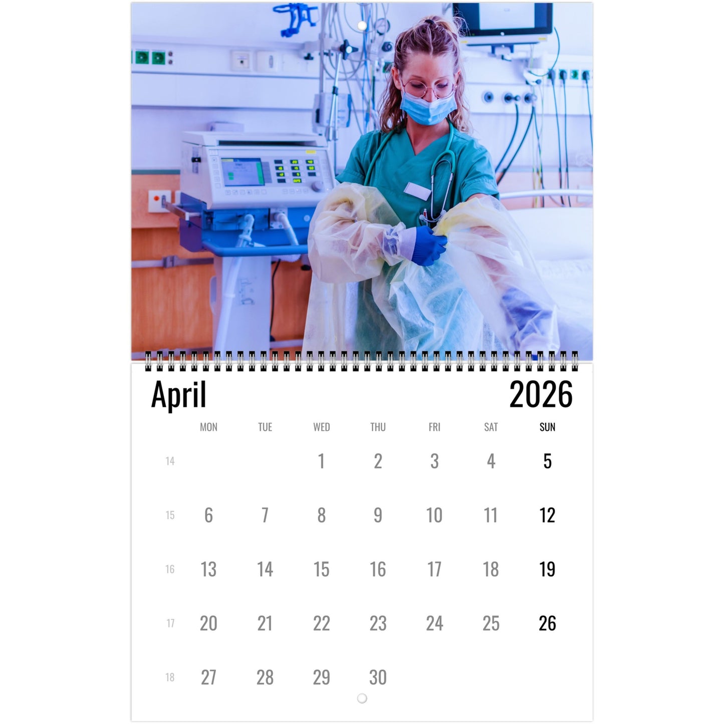 Calendar page for April 2026 showing a healthcare worker in an ICU.