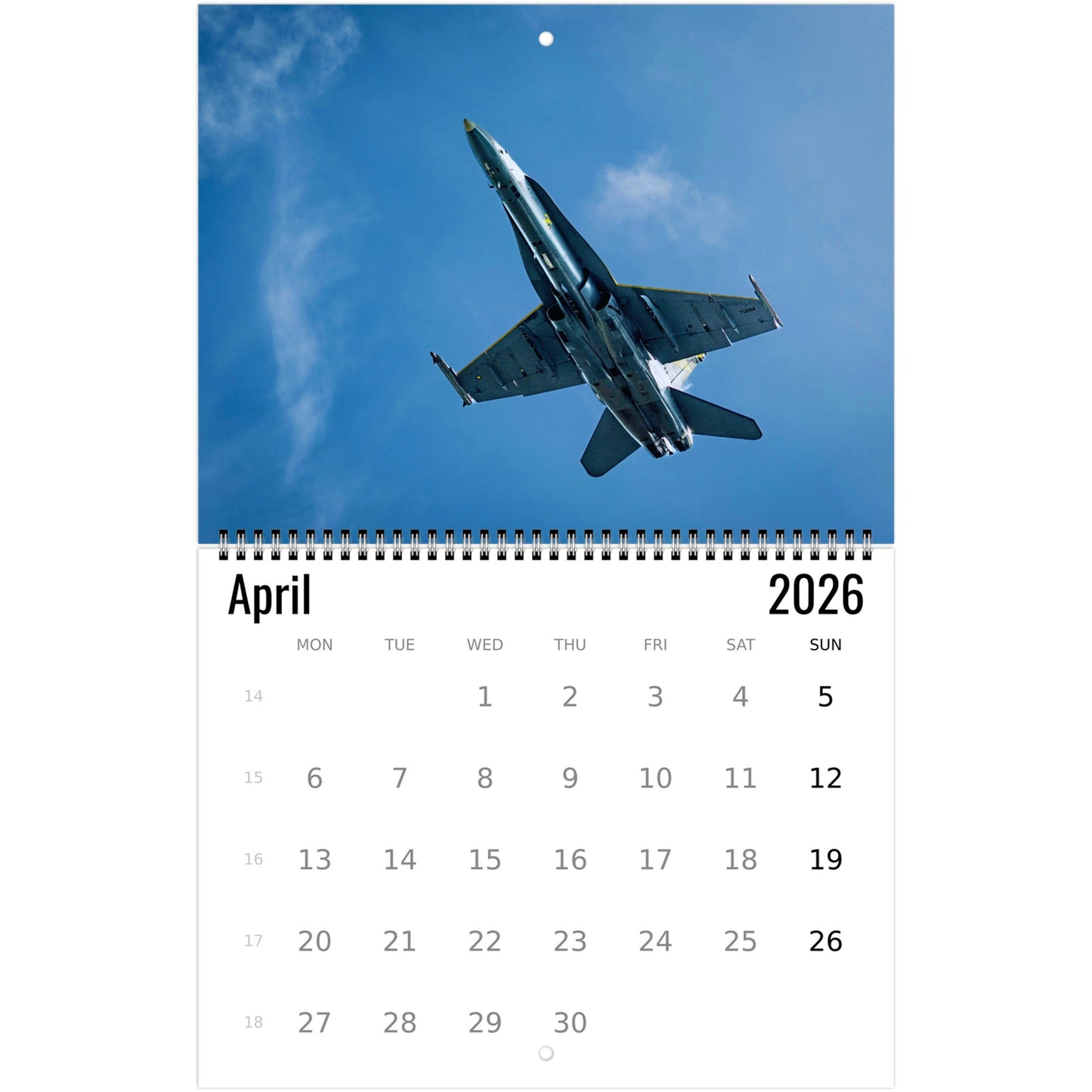 Calendar page for April 2026 with a fighter jet on a blue sky background