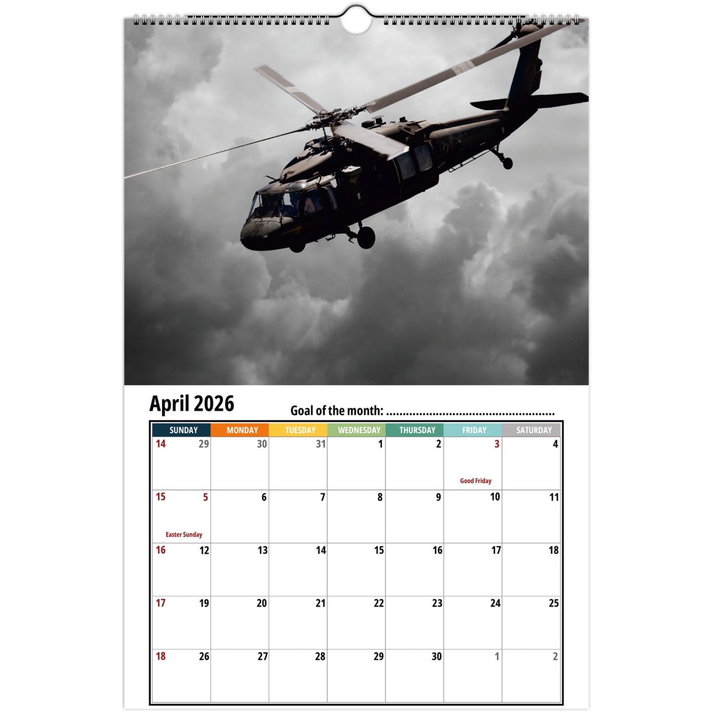 Calendar page for April 2026 with a helicopter image on a cloudy sky background