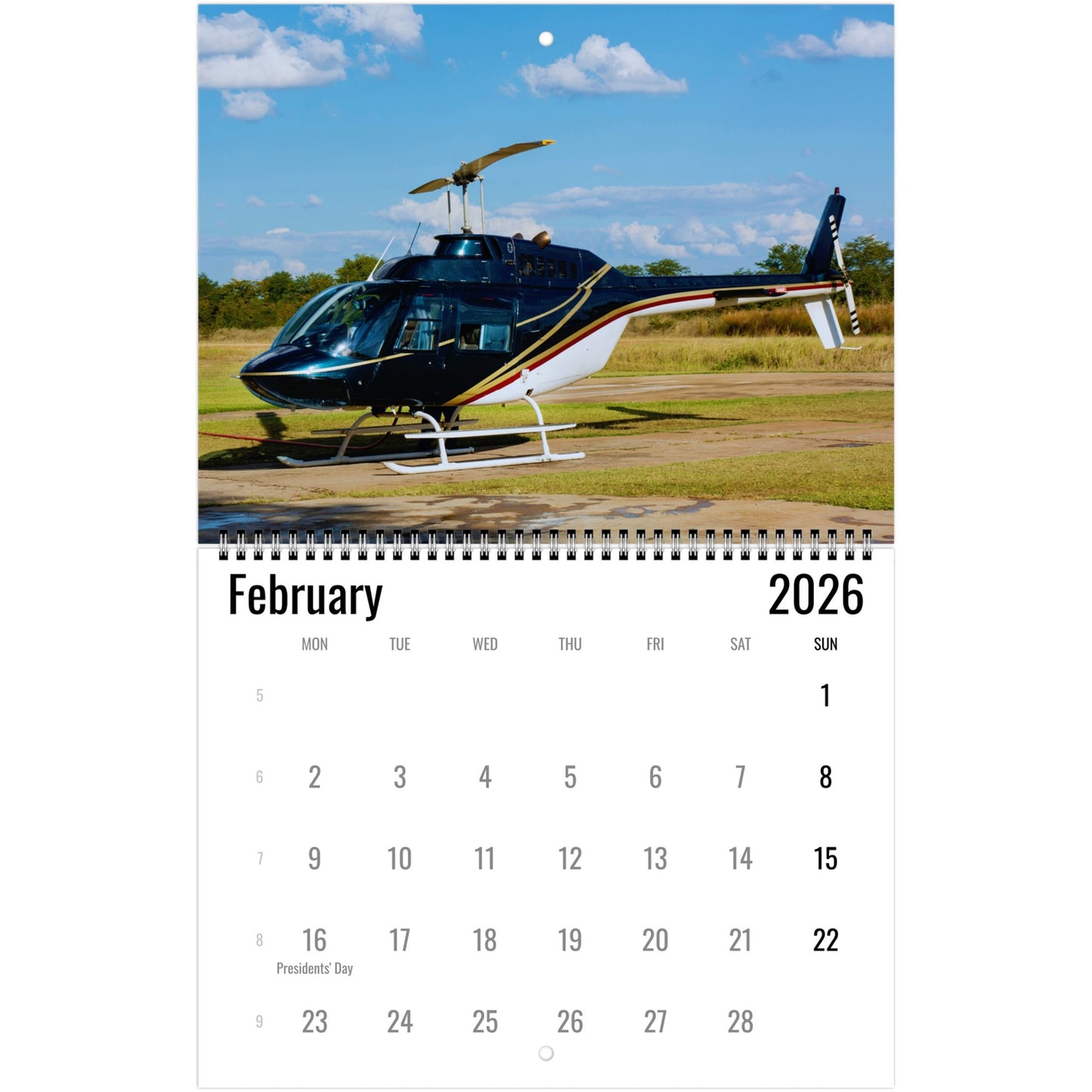 Calendar page for February 2026 with a helicopter on a runway