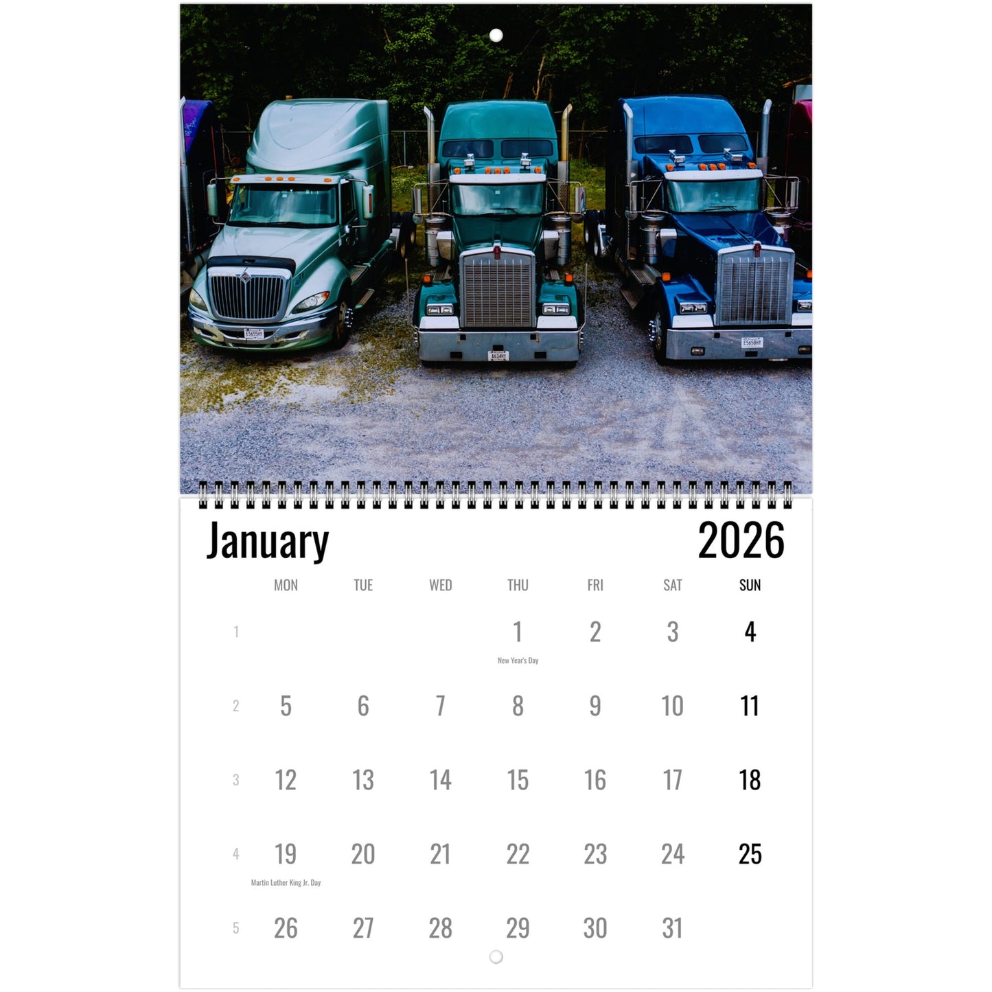 Calendar page for January 2026 with three trucks on a white background