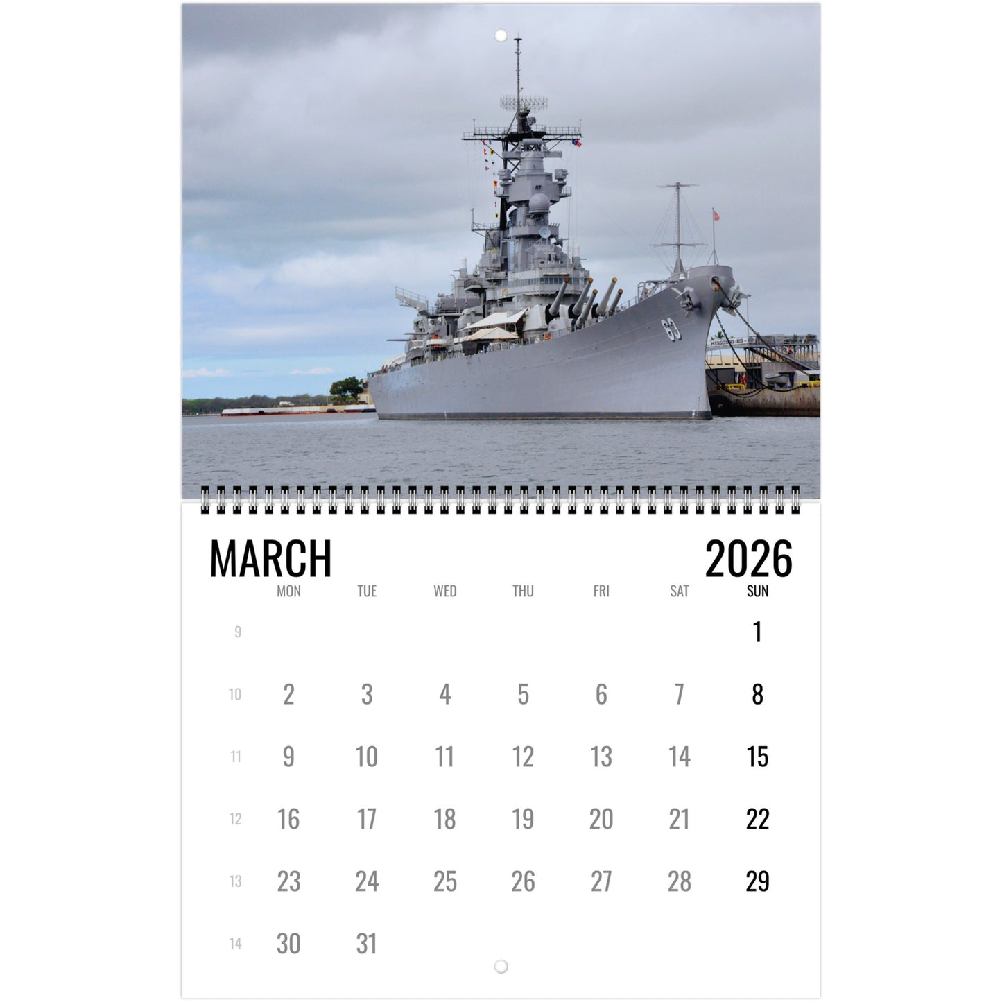 Calendar page for March 2026 featuring a large ship on a white background