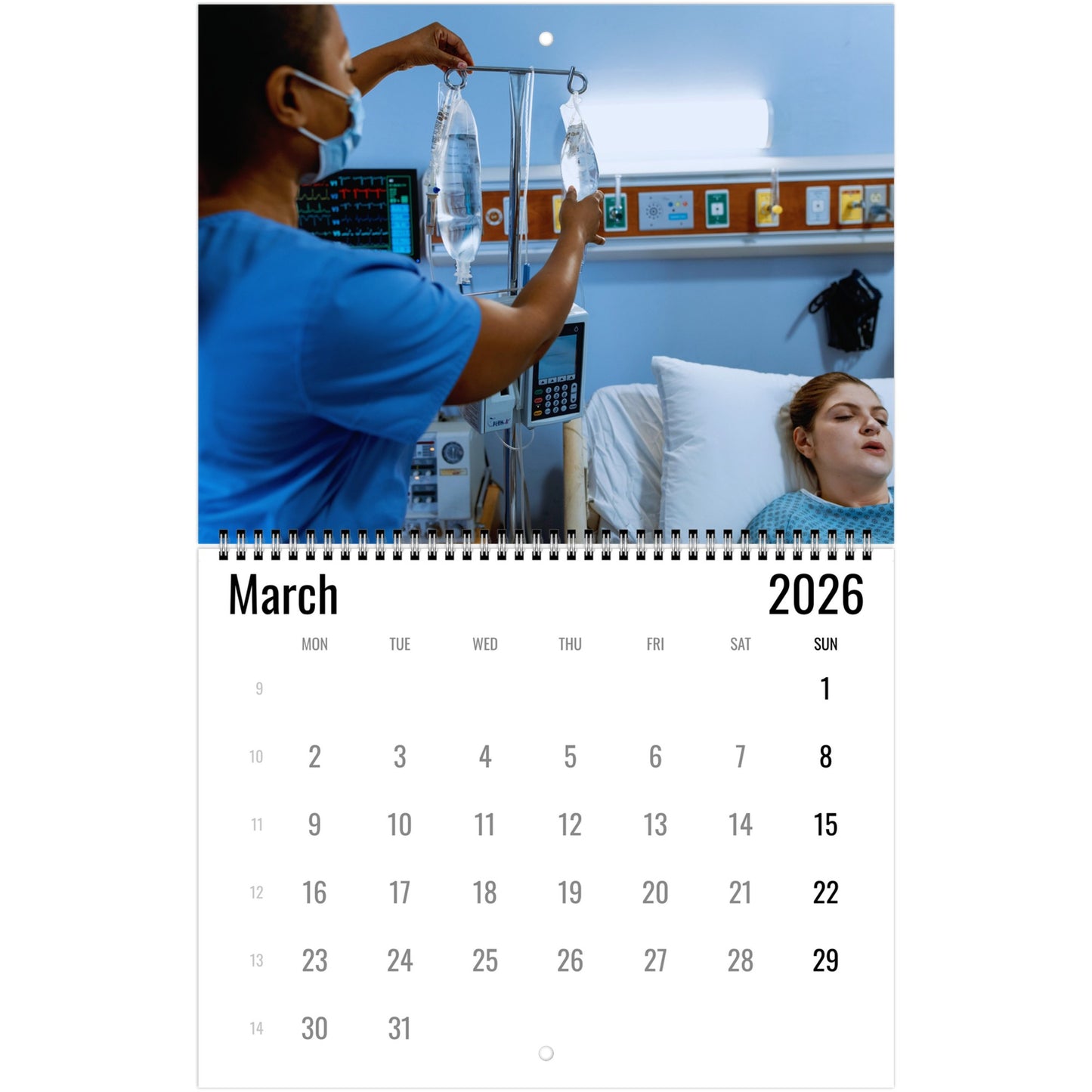 Calendar page for March 2026 showing a healthcare worker and patient in a hospital setting.