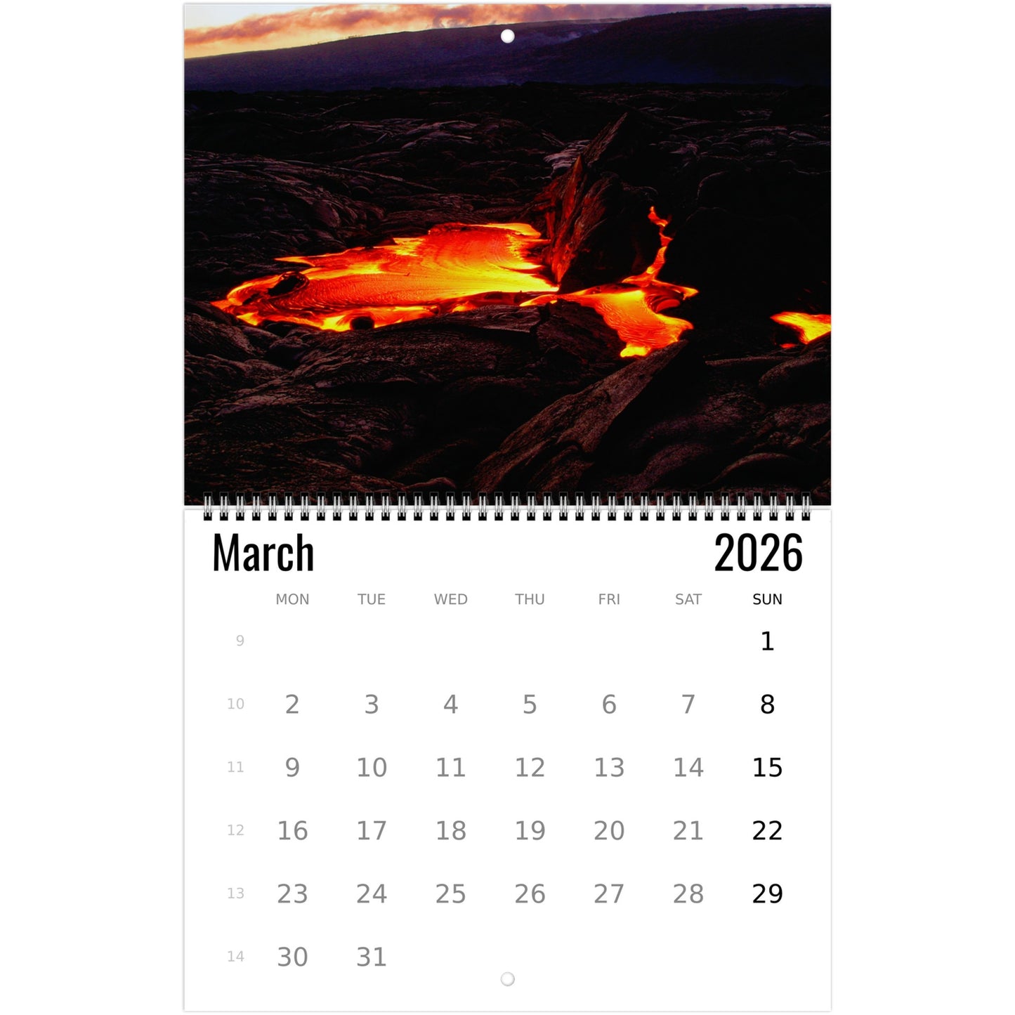 Calendar page for March 2026 with a fiery landscape design.