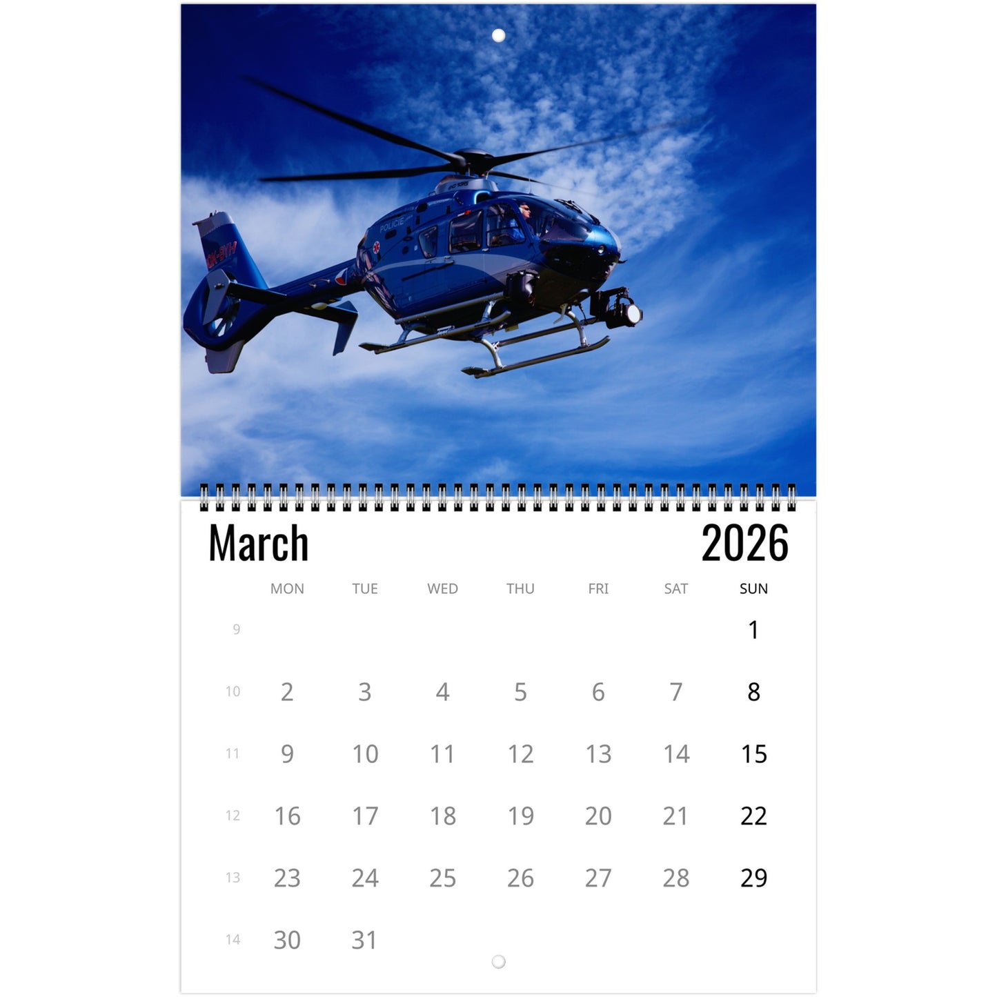 Calendar page for March 2026 with a helicopter in the sky