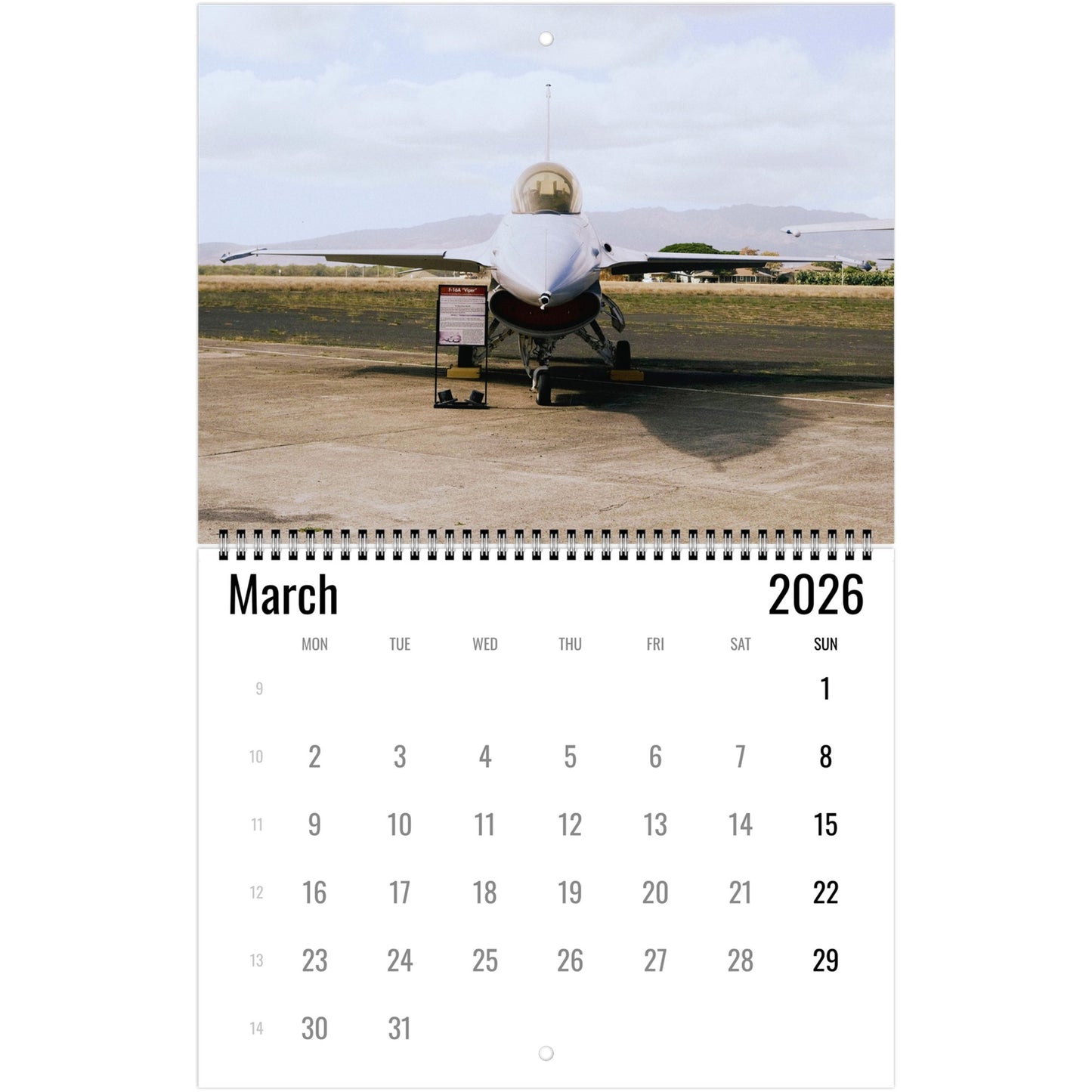 Calendar page for March 2026 with a military aircraft on a runway.