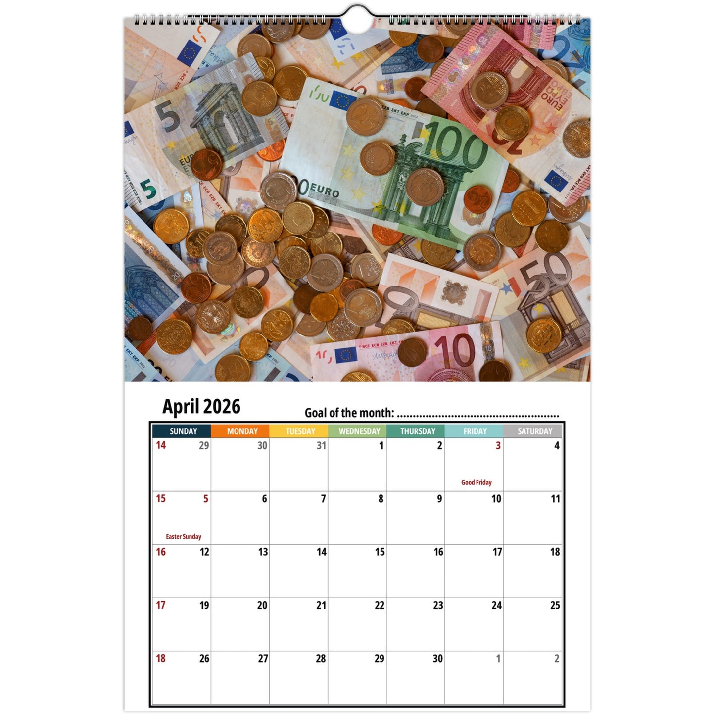 Calendar with Euro banknotes and coins for April 2026 on a white background