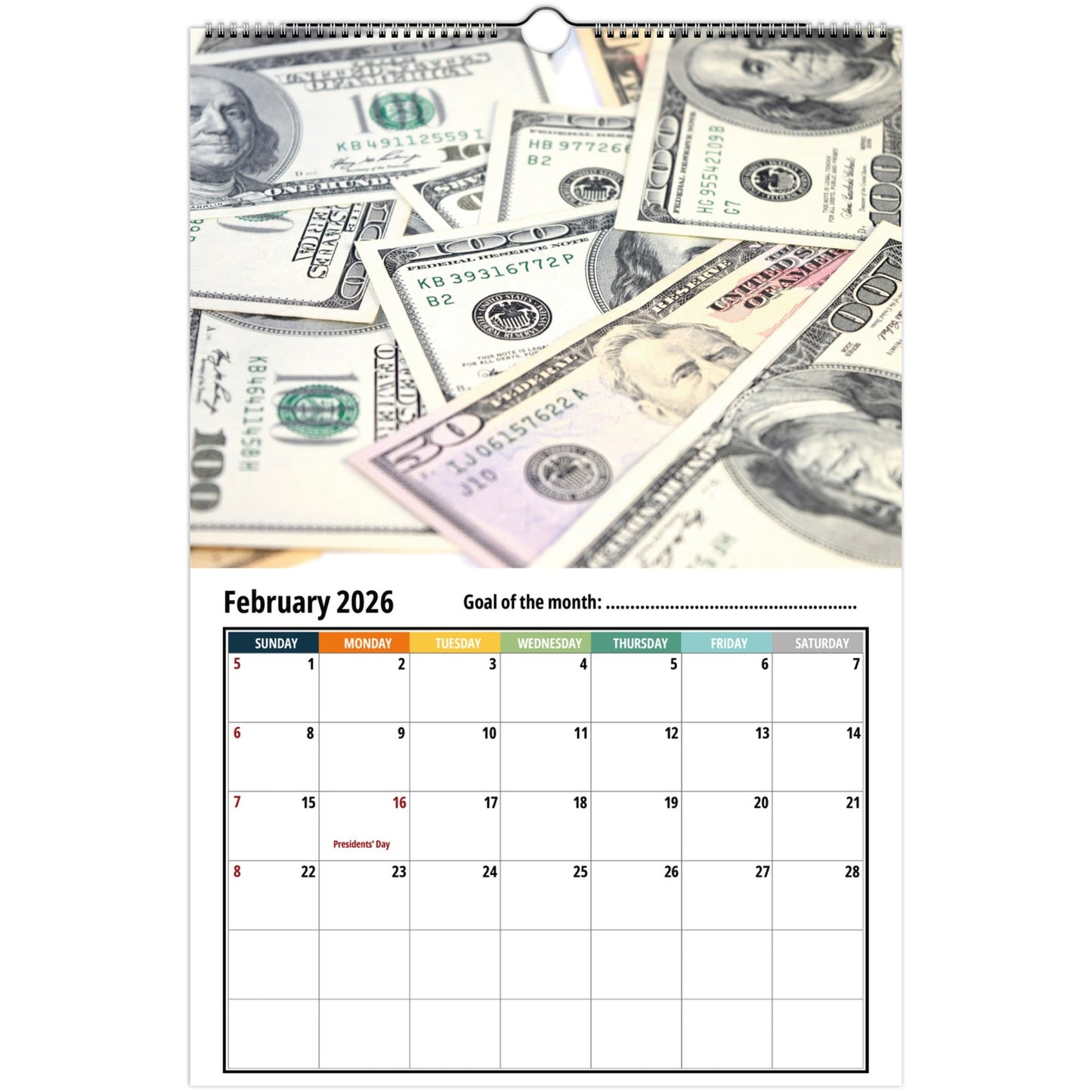 Calendar with February 2026 layout featuring dollar bills on a white background