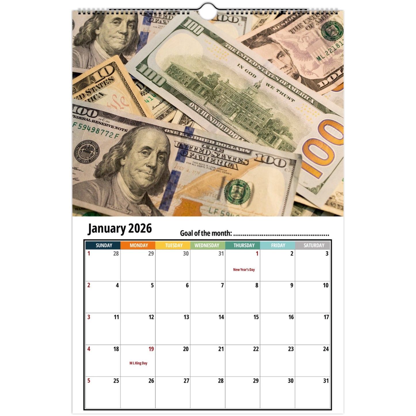 Calendar with January 2026 dates and images of U.S. currency