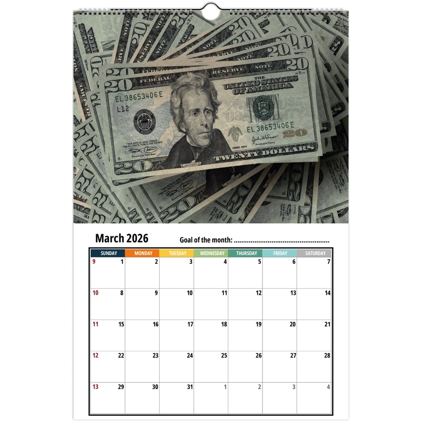 Calendar with March 2026 layout featuring a stack of twenty-dollar bills.