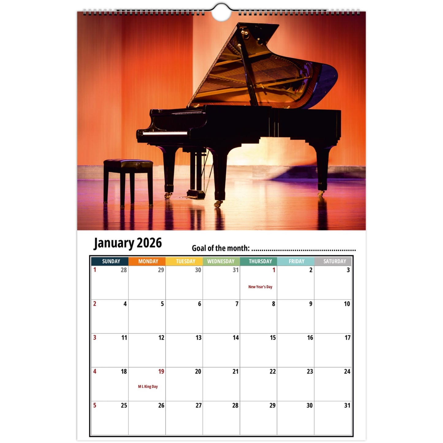 Calendar with a grand piano image on a white background, January 2026