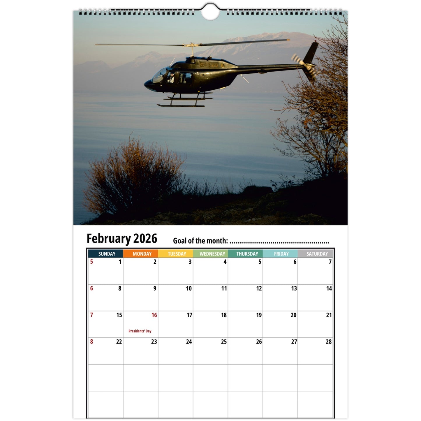 Calendar with a helicopter image for February 2026 on a white background