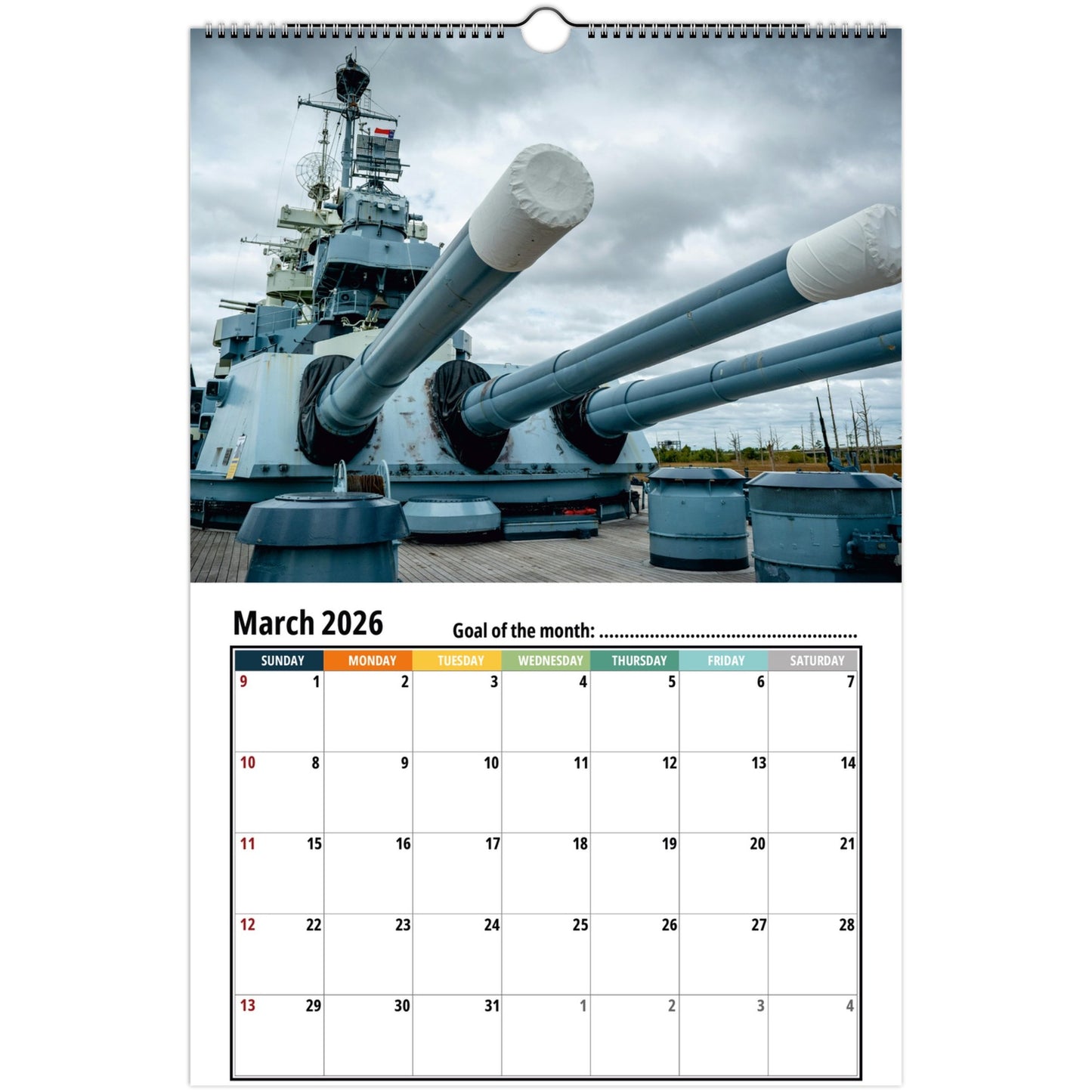 Calendar with a naval ship image for March 2026 on a white background