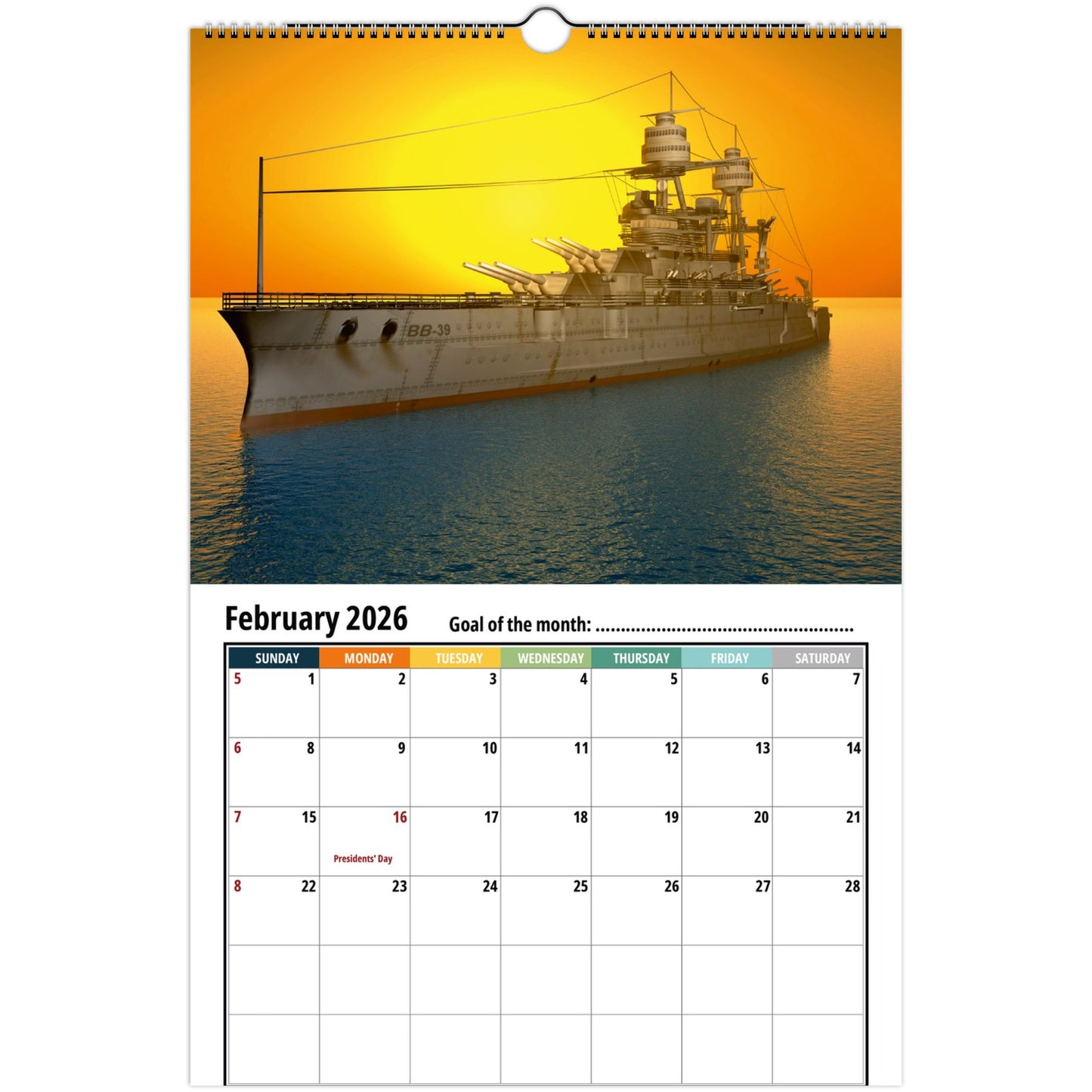 Calendar with a ship design on a sunset background