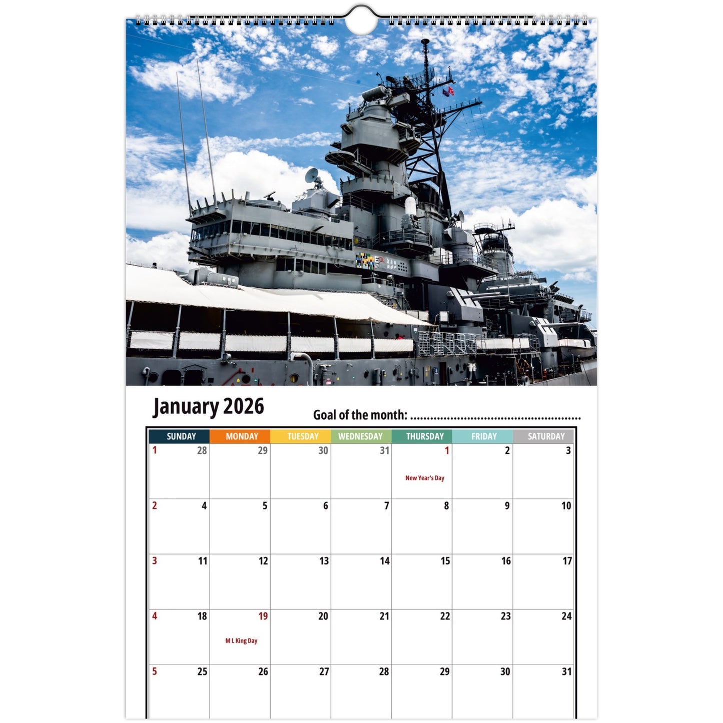 Calendar with a ship on the cover, showing January 2026.