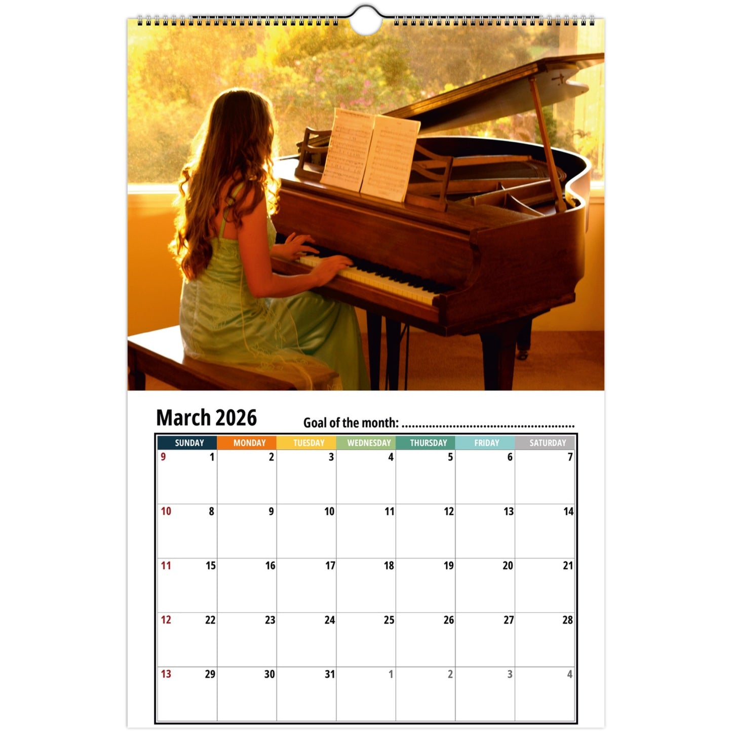 Calendar with a woman playing a piano at sunset, featuring March 2026.