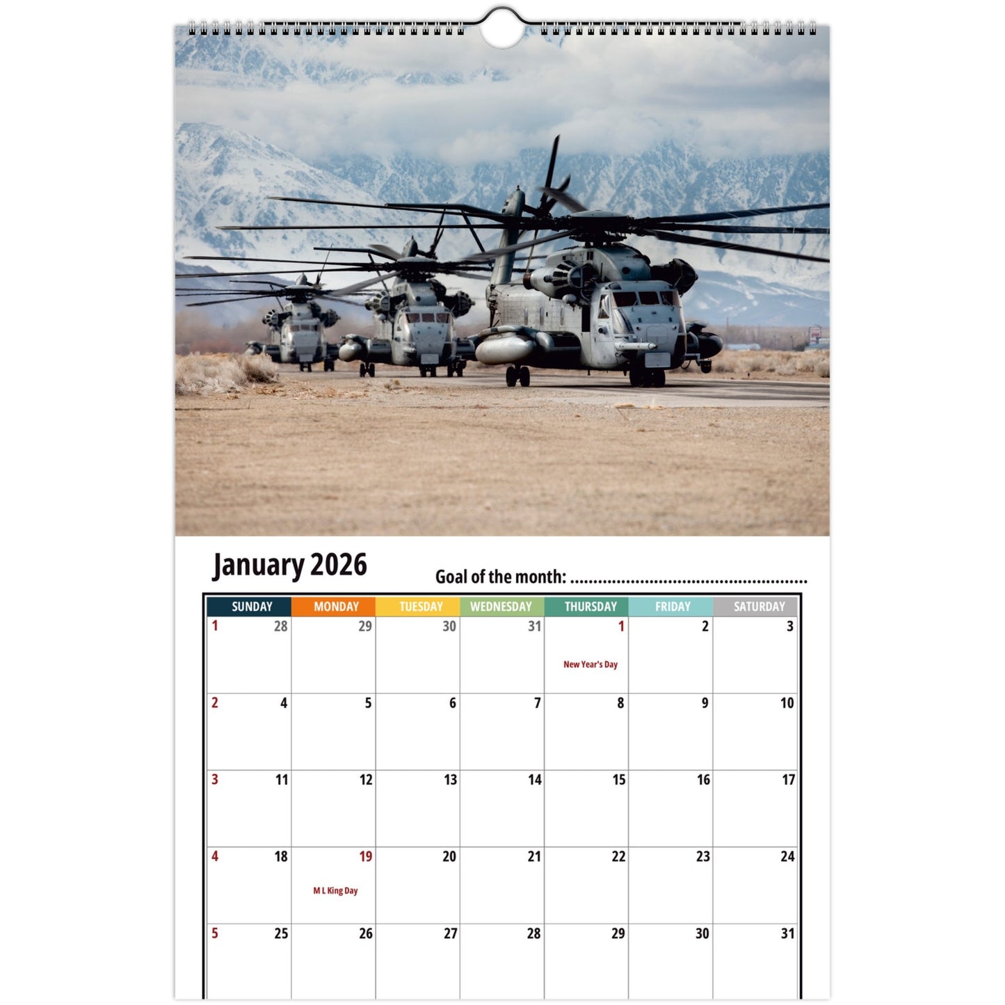 Calendar with helicopters on a desert landscape for January 2026
