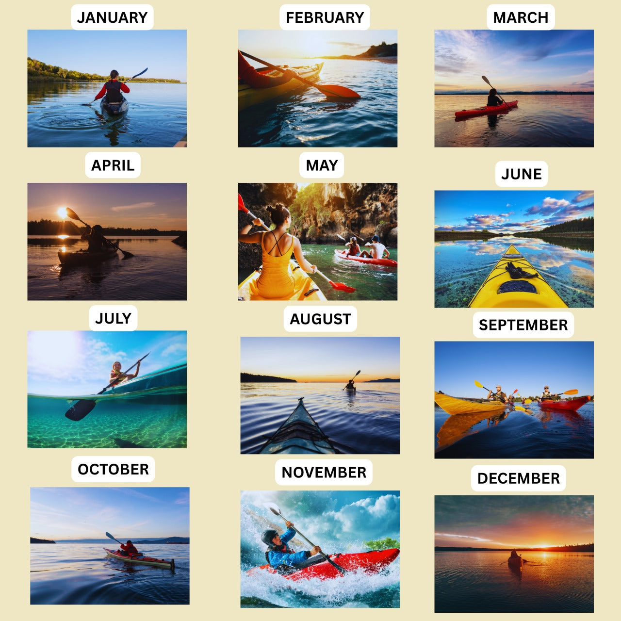 Monthly calendar with 2026 kayaking activities for each month on a beige background.