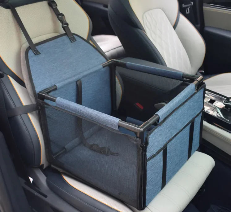 Pet seat cover with cup holder attached to a car seat